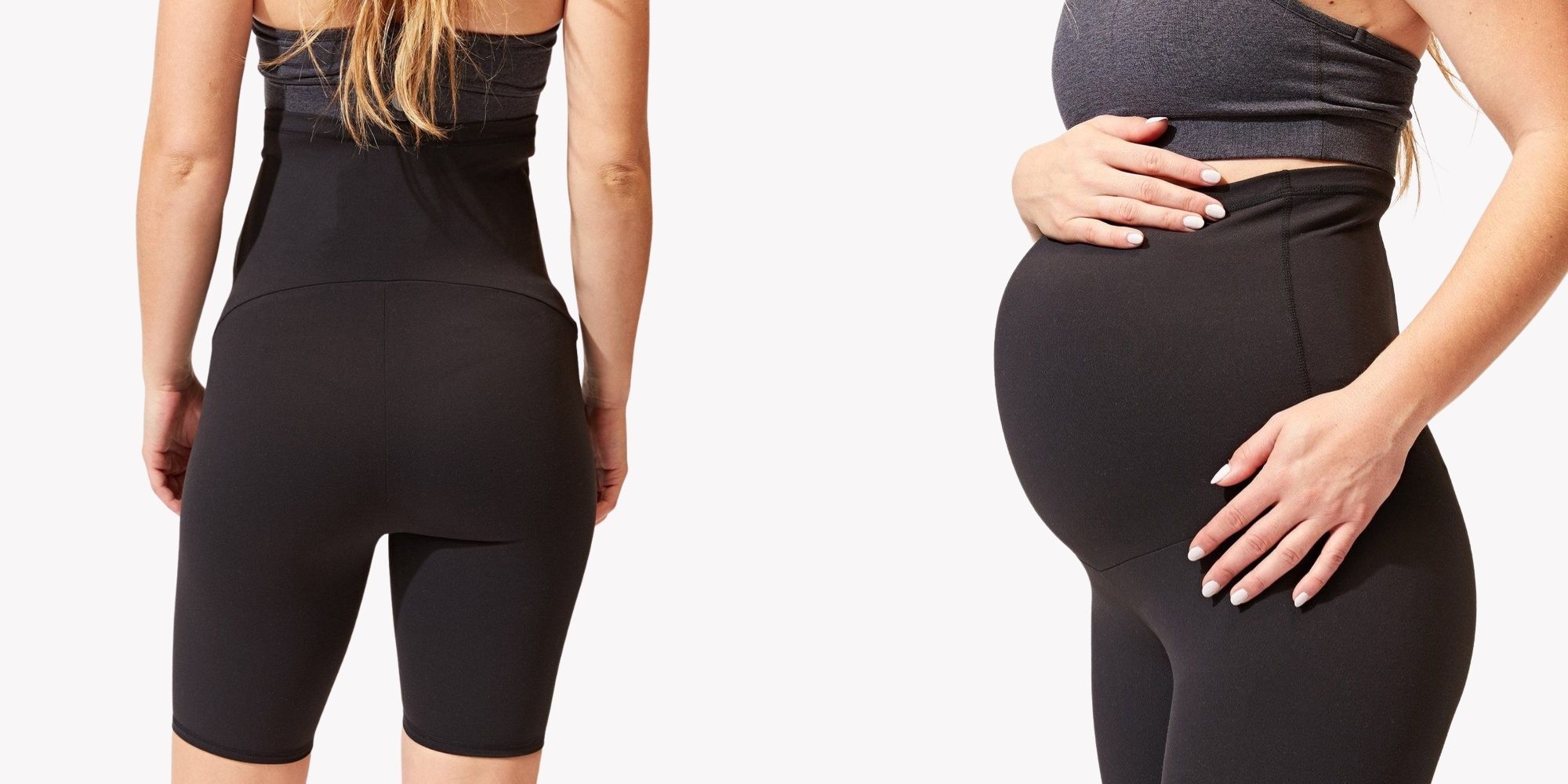 pregnant woman wearing black eco maternity active shorts by Threads 4 Thought