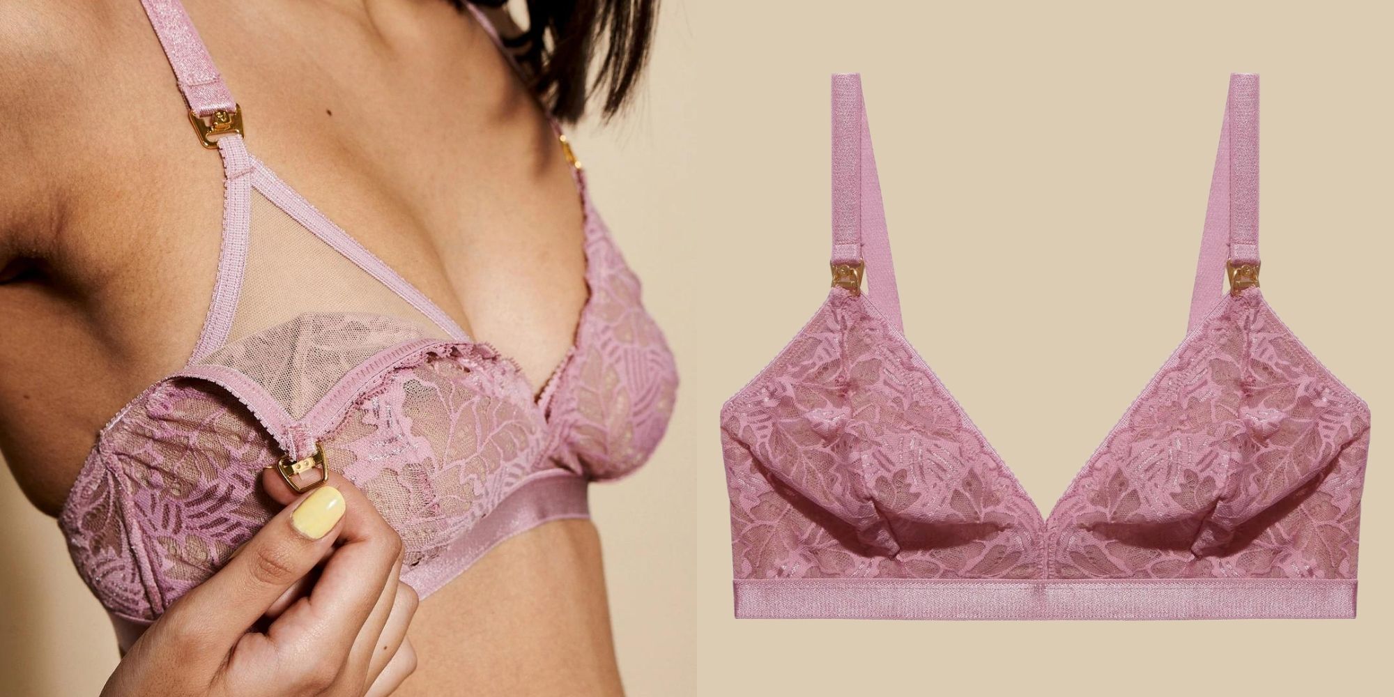 A pink recycled lace maternity bra by Underprotection.