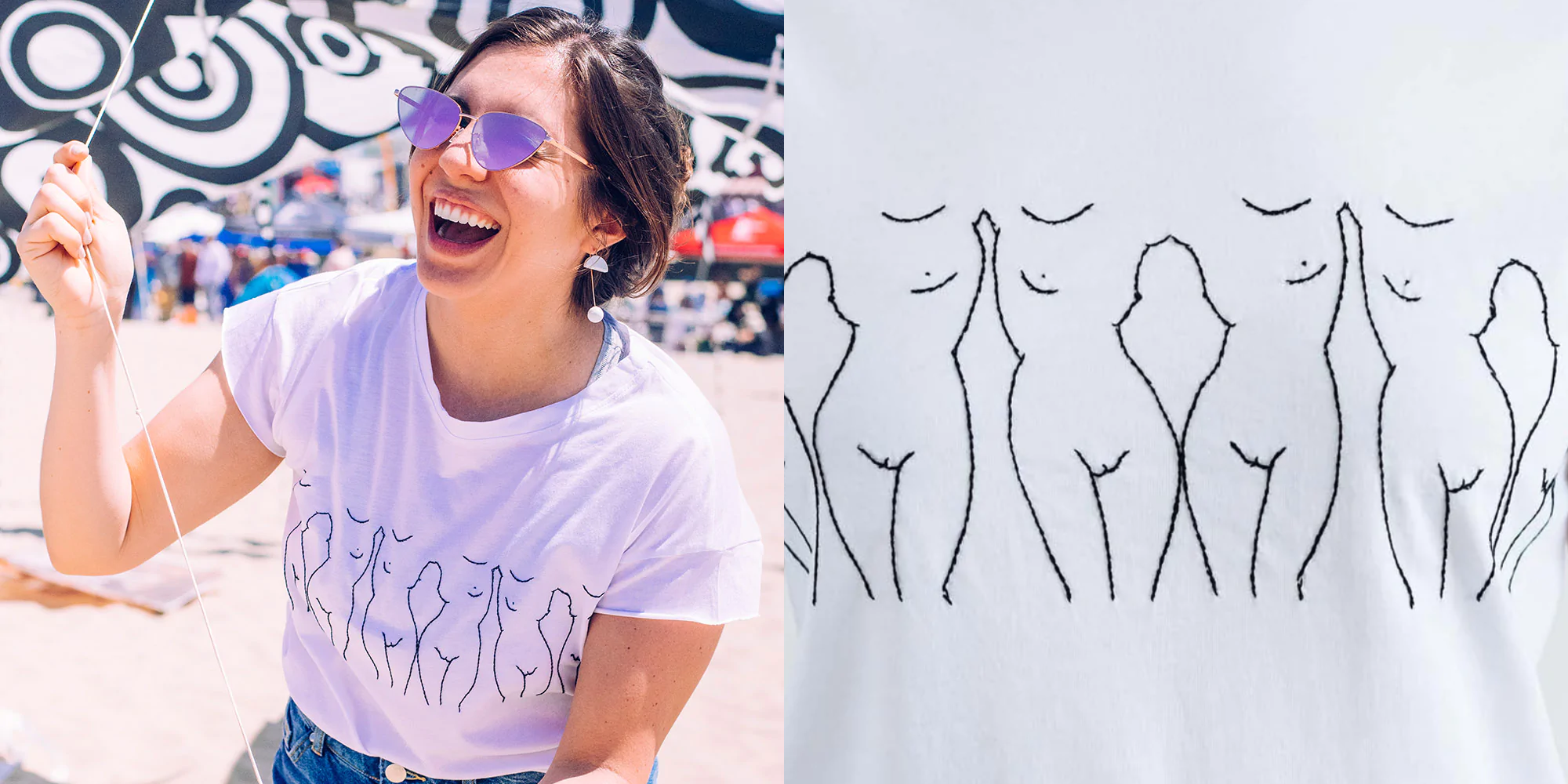 person laughing in t-shirt and close up of artwork by Neococo