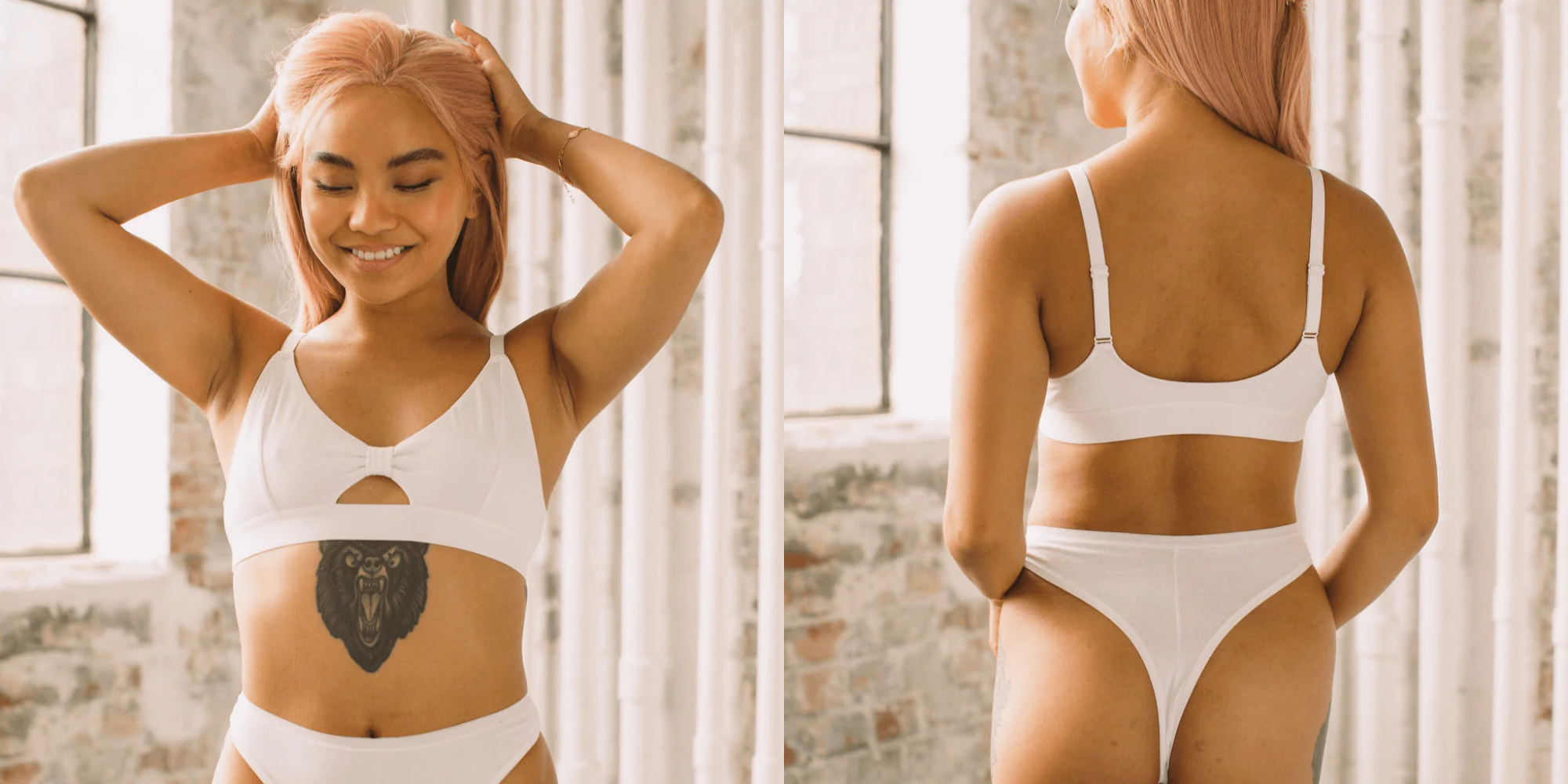 two images of person in bralette and thong by Pantee
