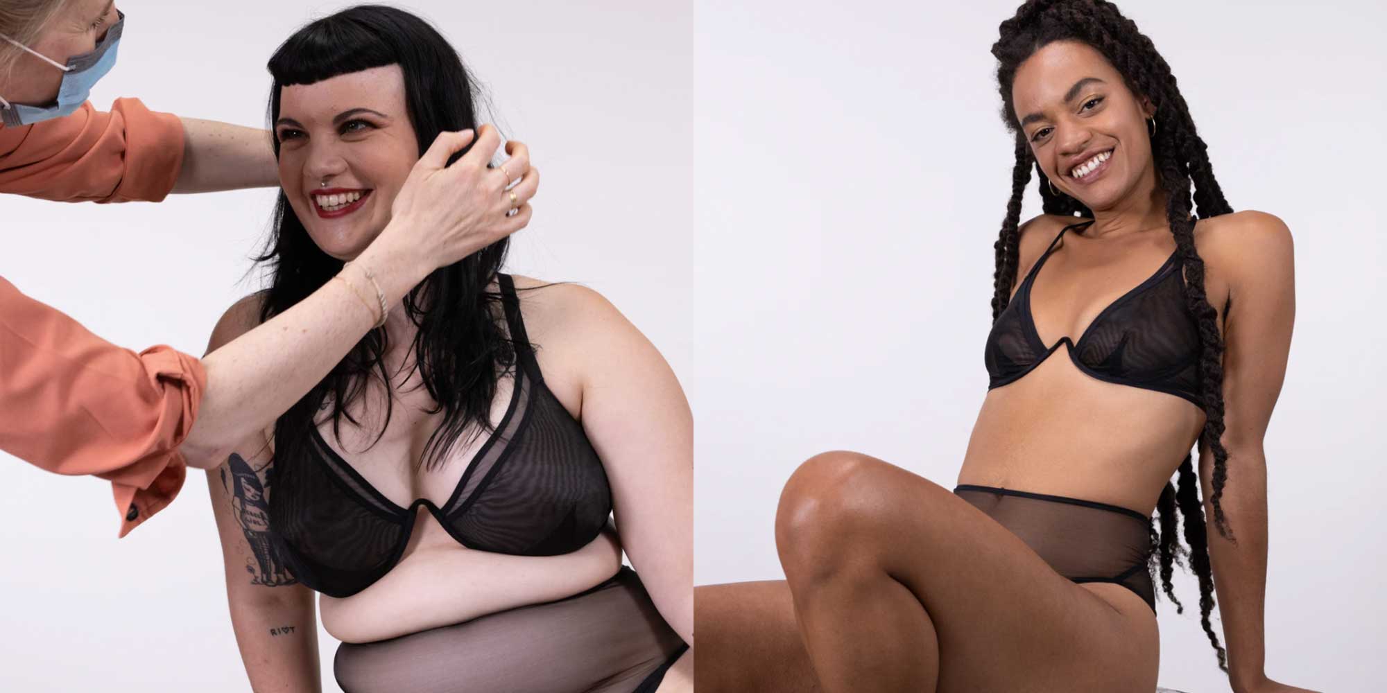 women wearing black mesh ethical bra by la fille d'o