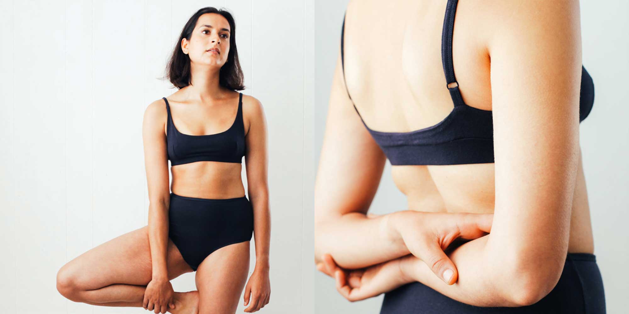 woman wearing black ethical bra by pico