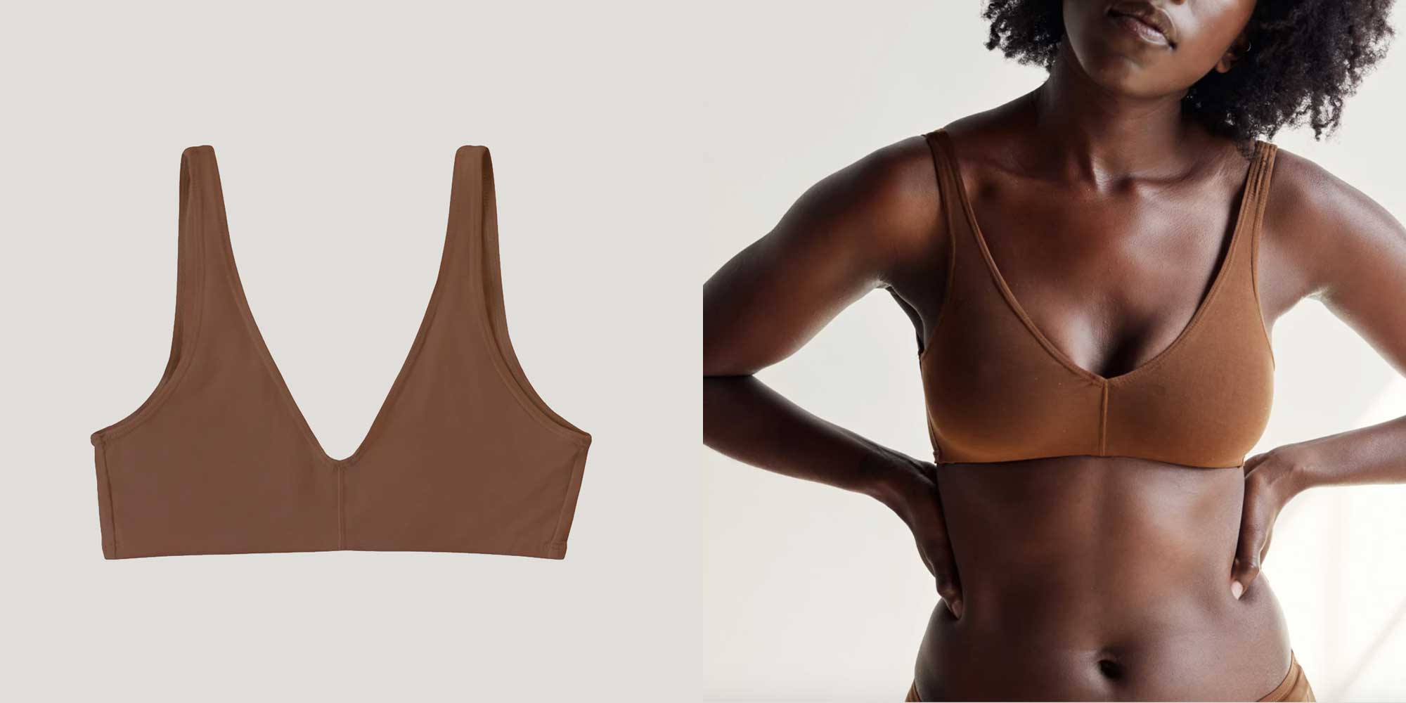 woman wearing brown sustainable bra by proclaim
