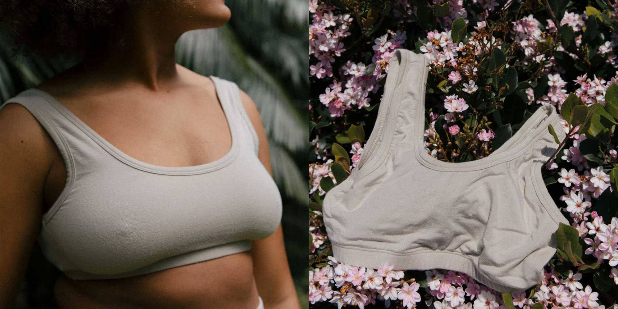 woman wearing light grey ethical bra by vege threads