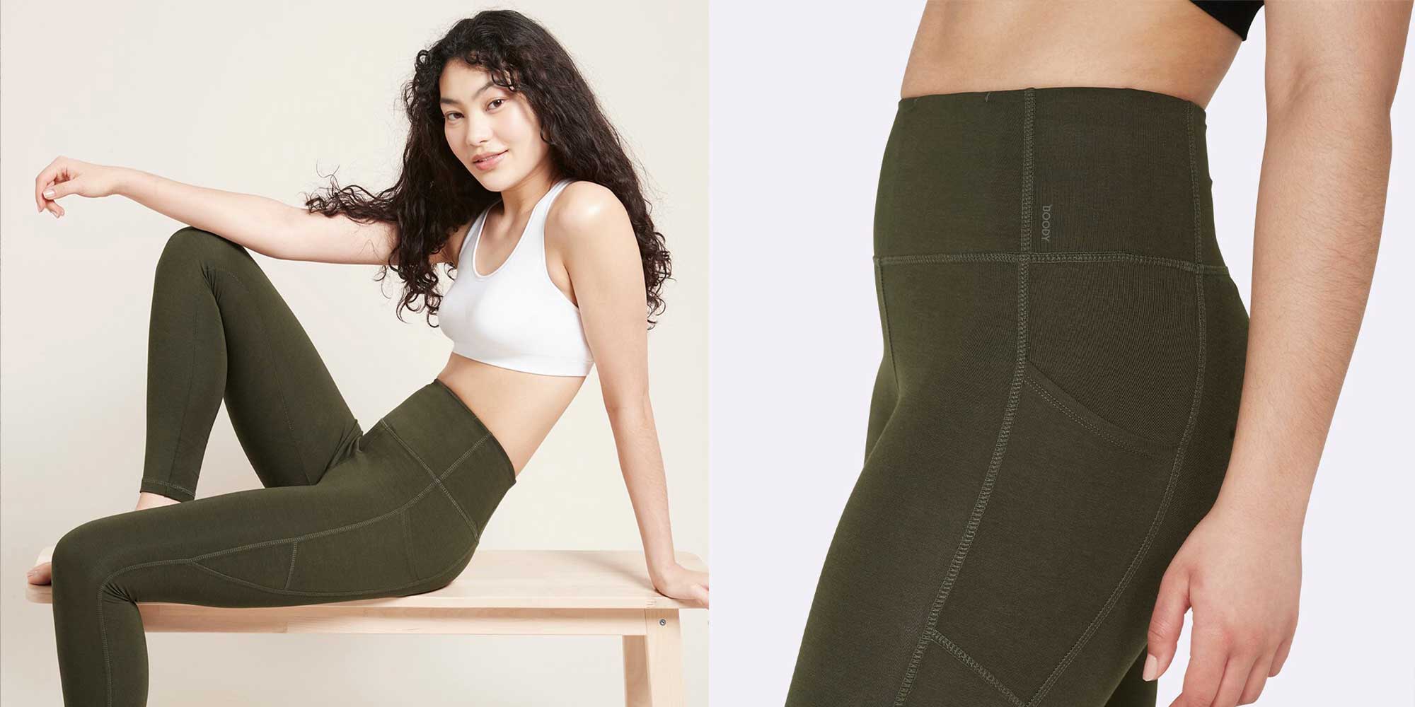 woman wearing dark olive sustainable leggings by boody