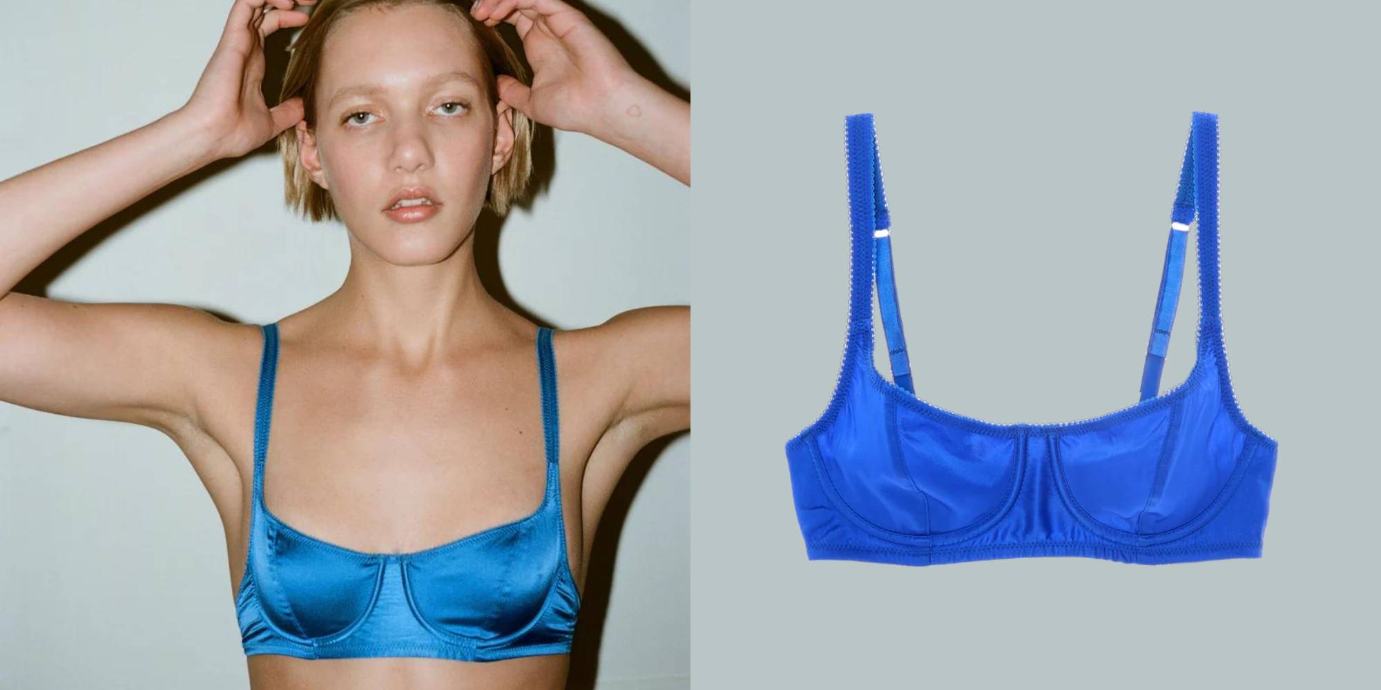 An electric blue wirefree silk bra by Araks.