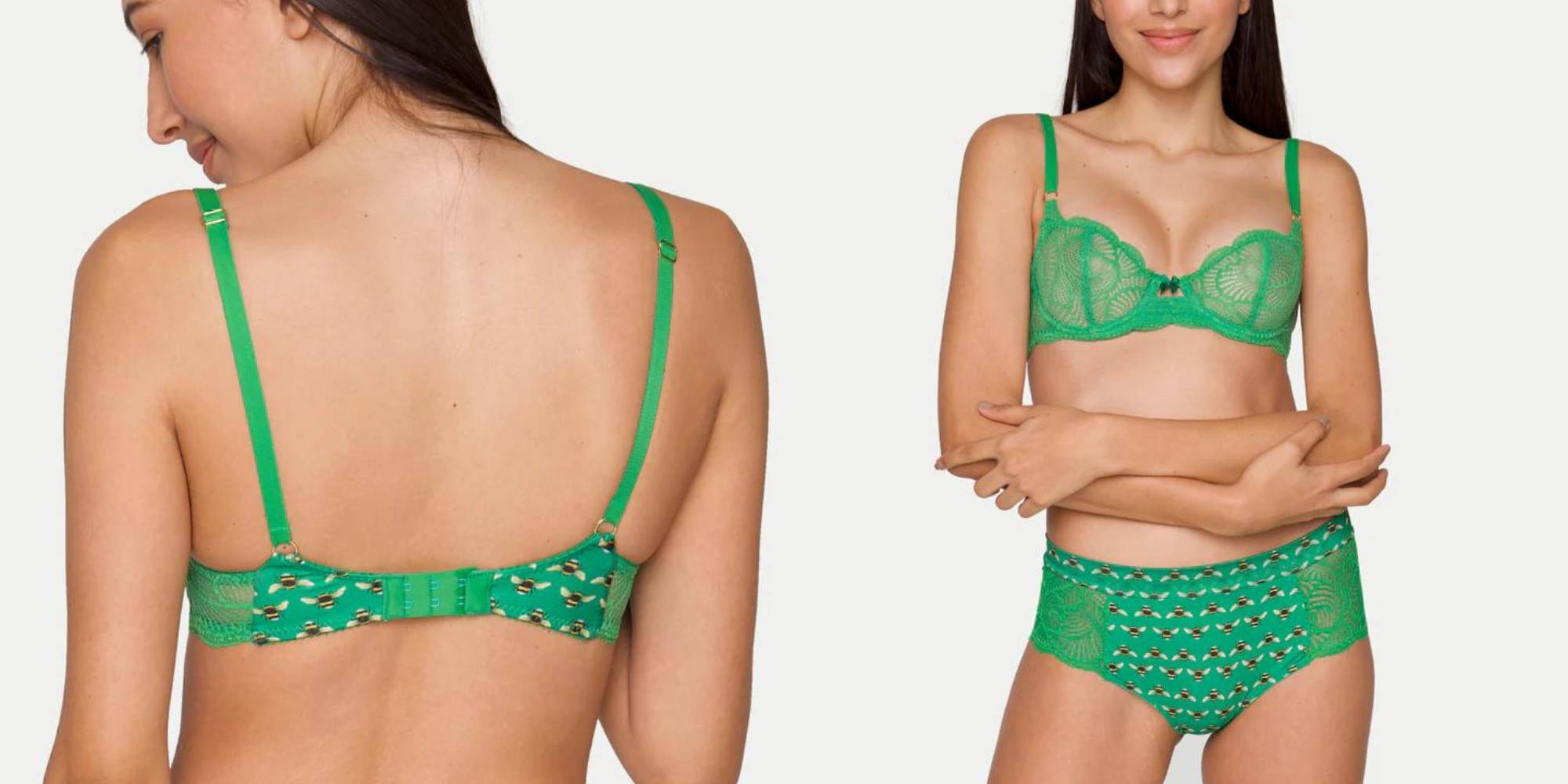 A electric green lace bralette with bees by Naja.