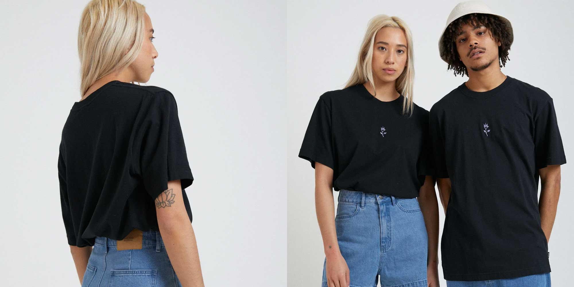 man and woman wearing black tshirt with flower logo from afends