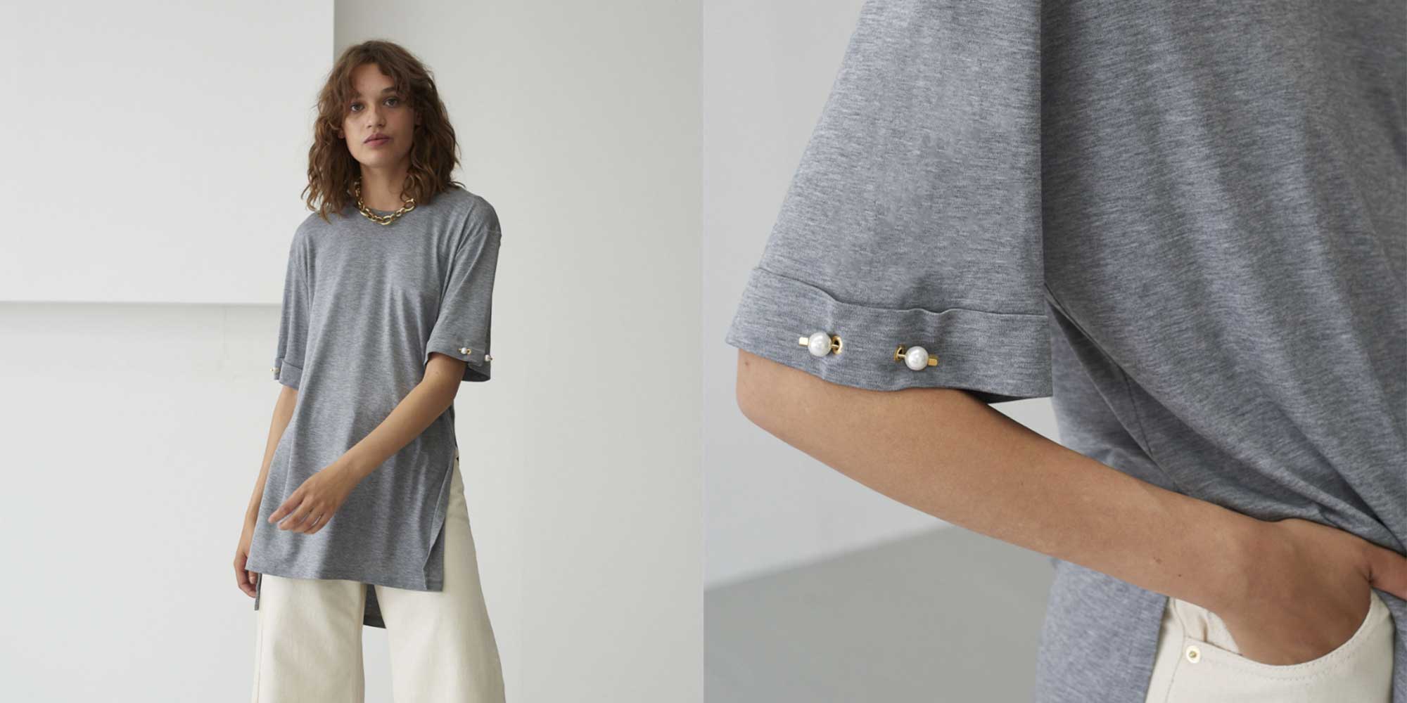 woman wearing sustainable grey tshirt with pearls from mother of pearl