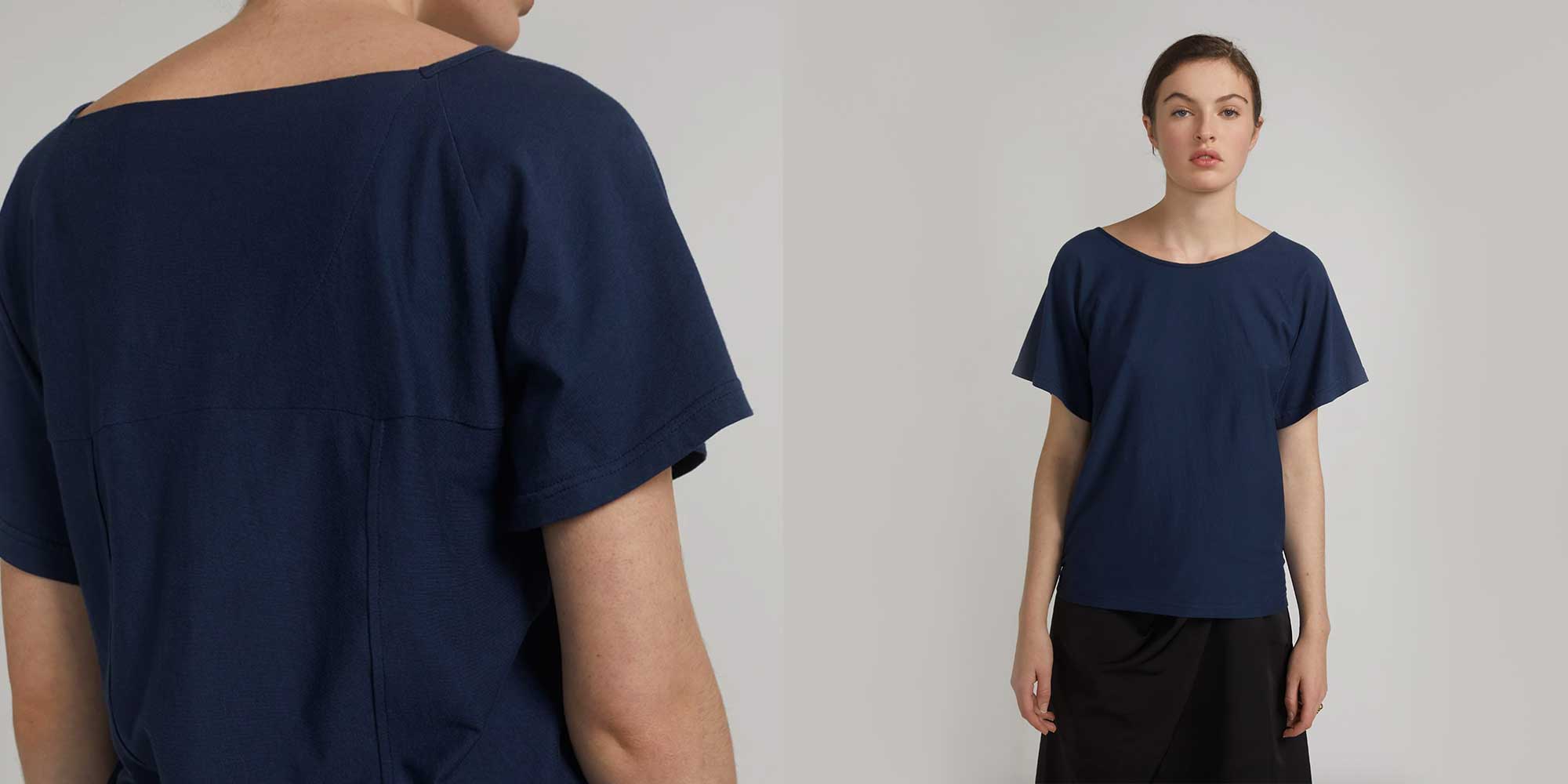 woman wearing sustainable navy tshirt by the r collective