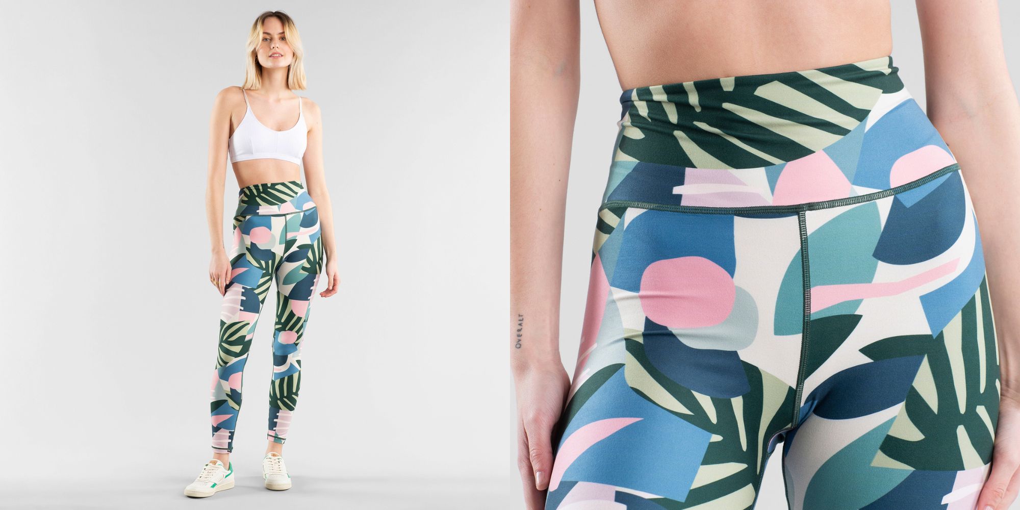Colourful leaf print responsible leggings by Dedicated.