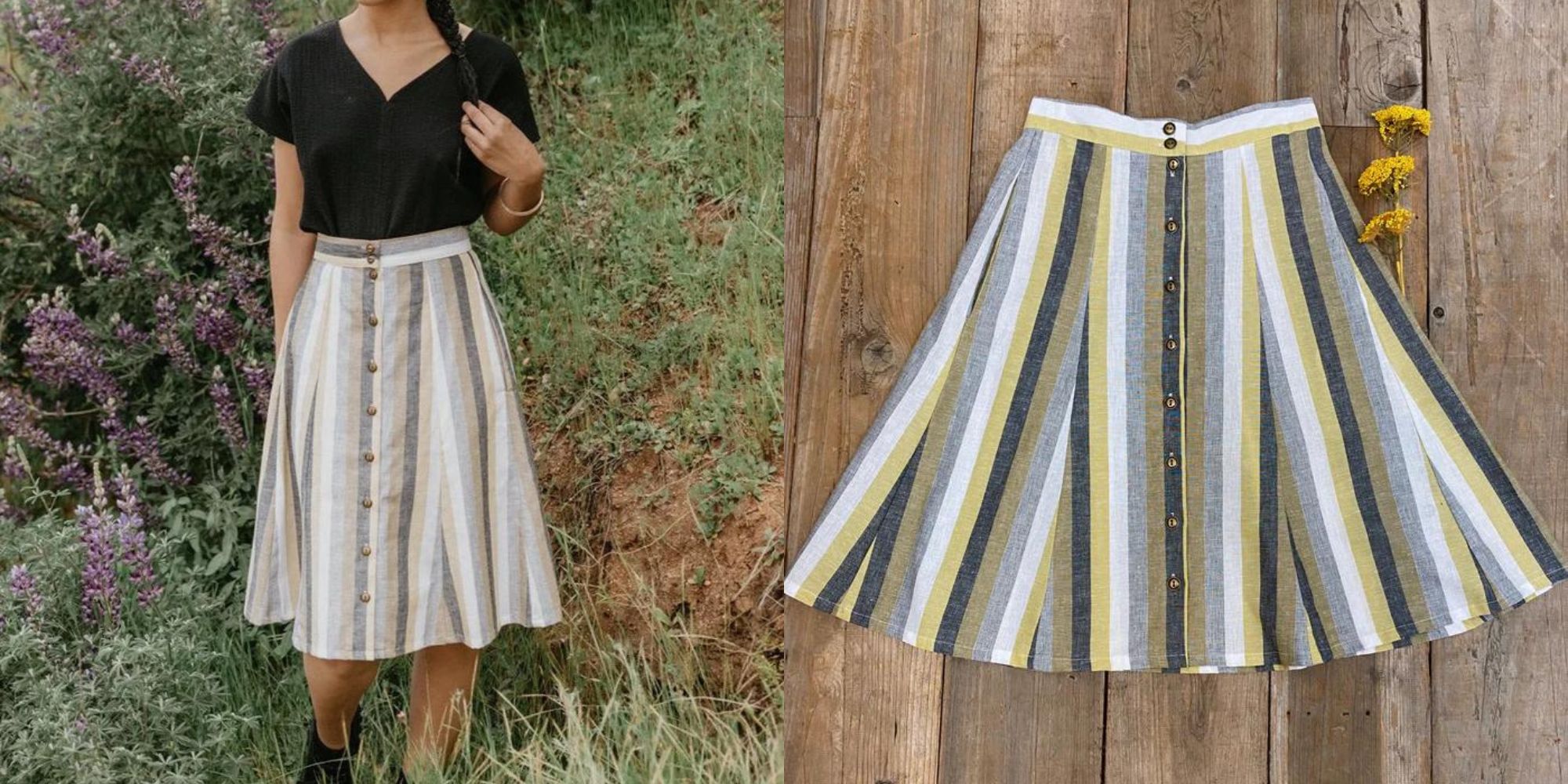 A flattering linen and cotton striped skirt responsibly-made by Altar.