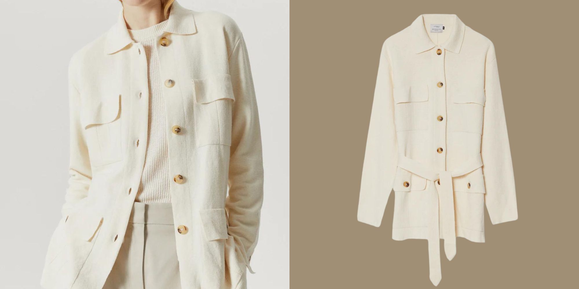A cream button-up tie-front linen and organic cotton jacket by Artknit Studios.