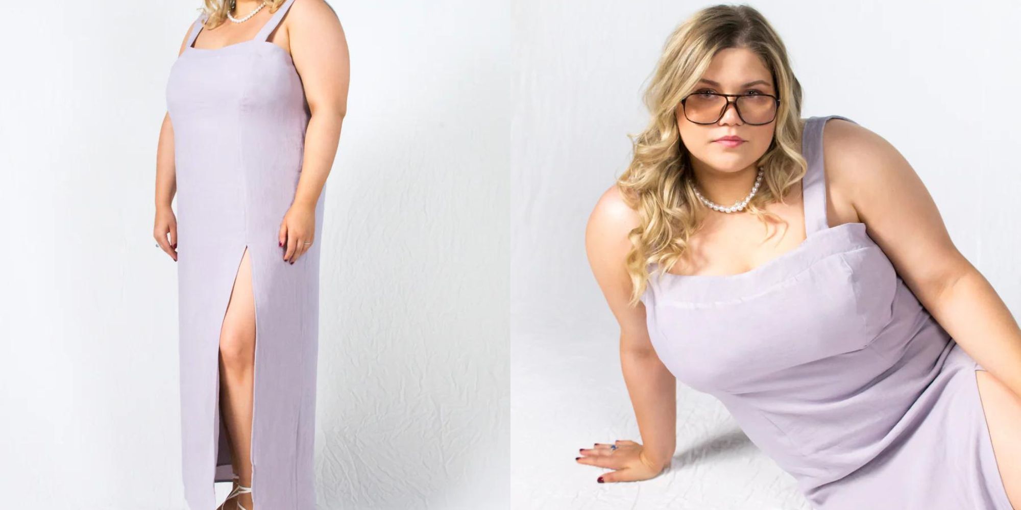 A lilac linen maxi dress in extended sizing by responsible brand Bastet Noir.