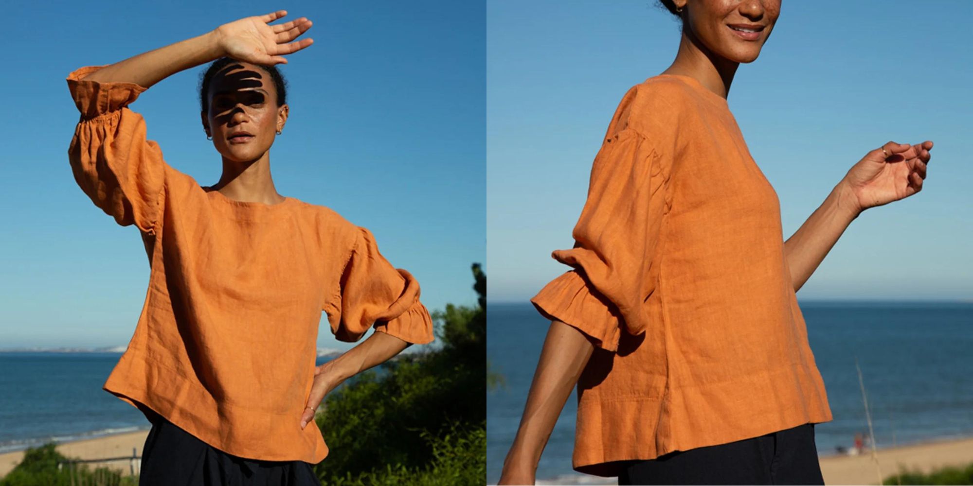 An orange blouse style linen top with ruffle sleeves made by Beaumont Organic.