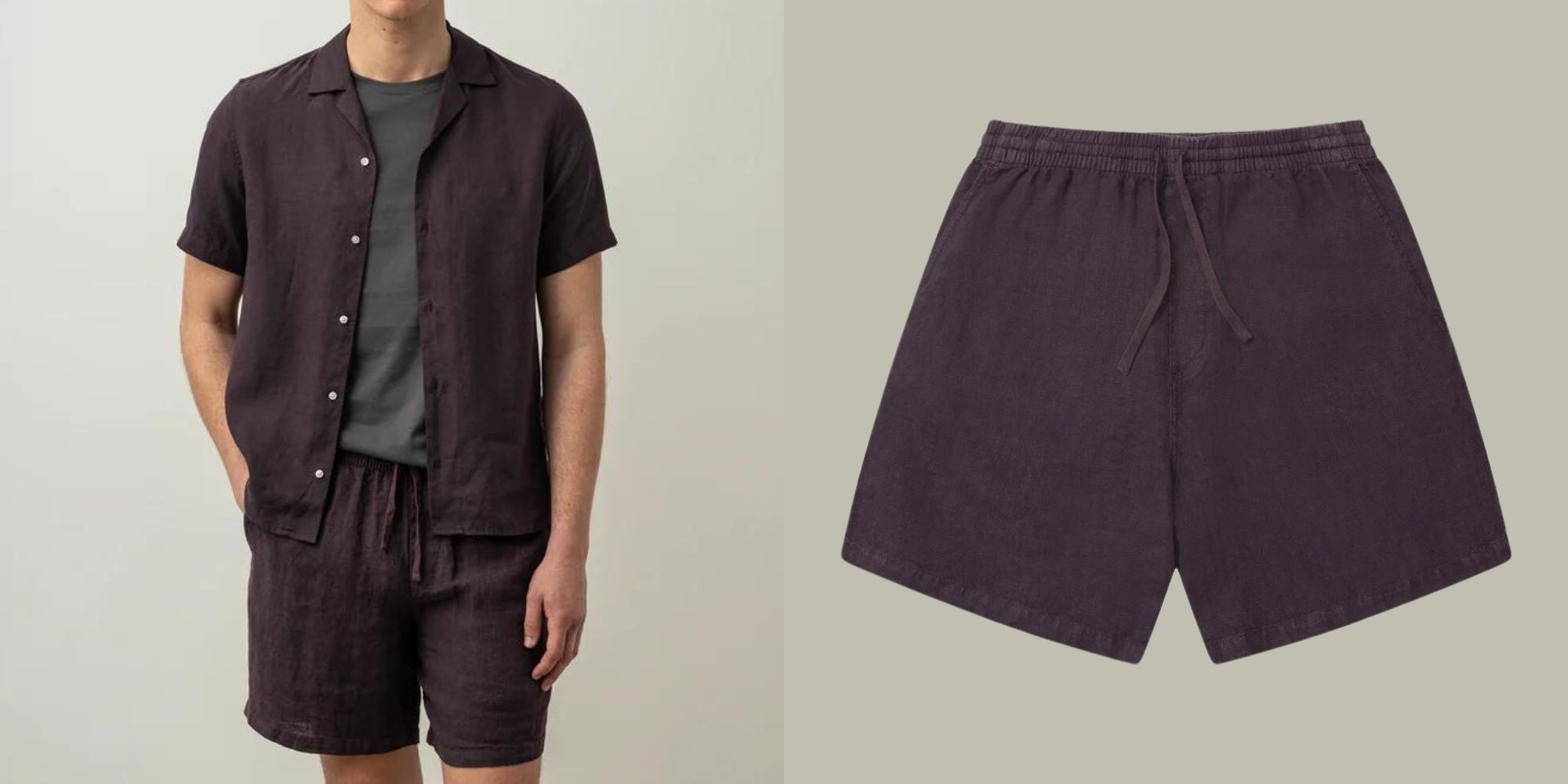 A matching pair of linen shorts and short button up shirt in charcoal made by ISTO..