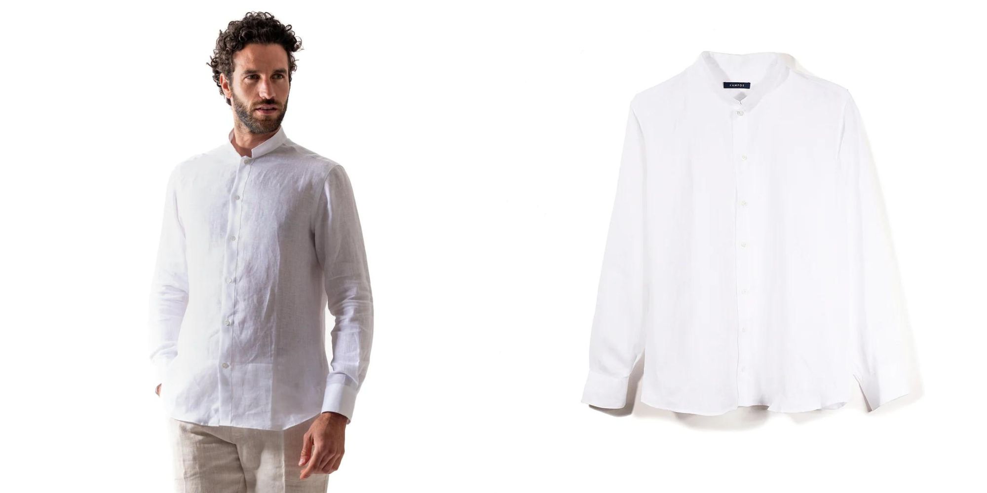 A crisp white casual linen shirt responsibly-made by Kampos.