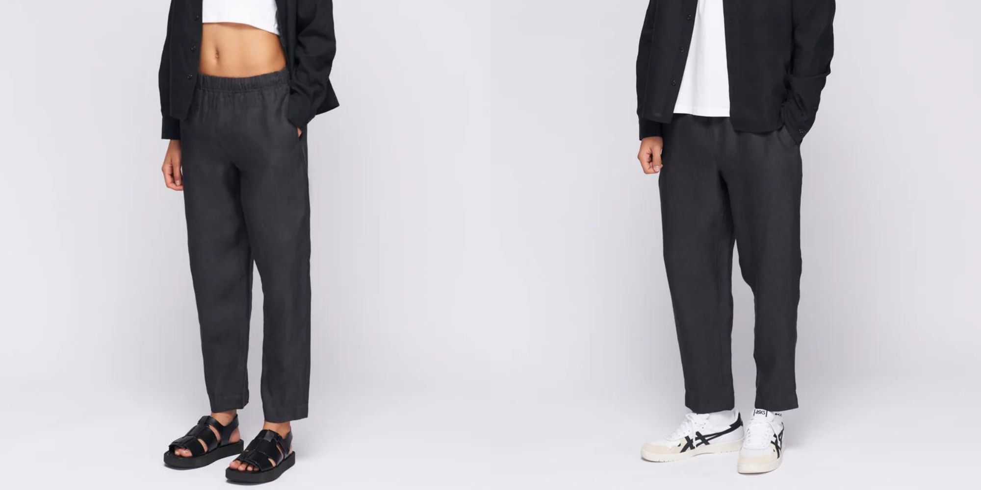 Black straight-leg 100% linen unisex pants by Kotn.