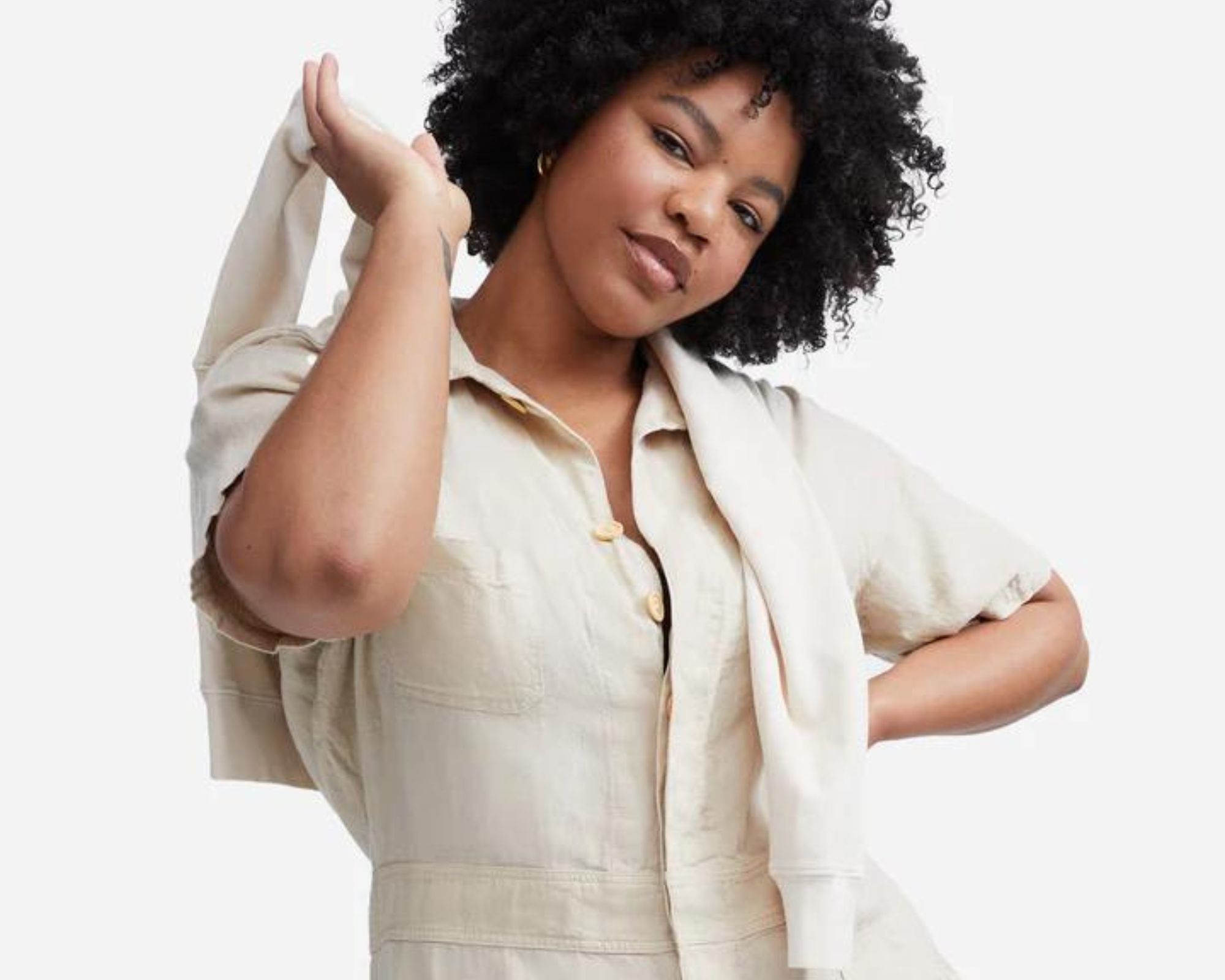 A natural linen short sleeve jumpsuit more sustainably made by MATE the Label.