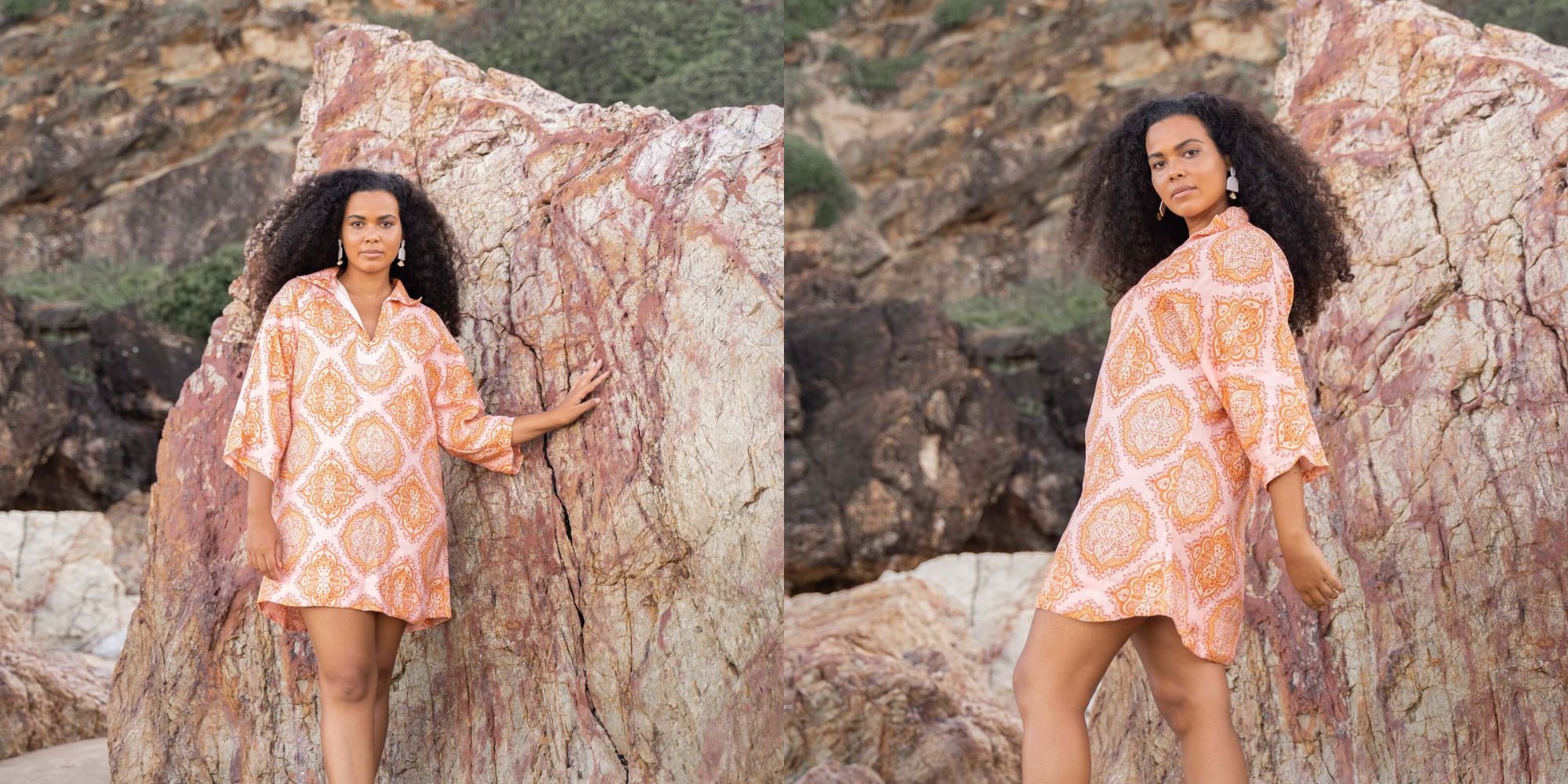 An orange and white printed linen kaftan made responsibly by Luna + Sun.