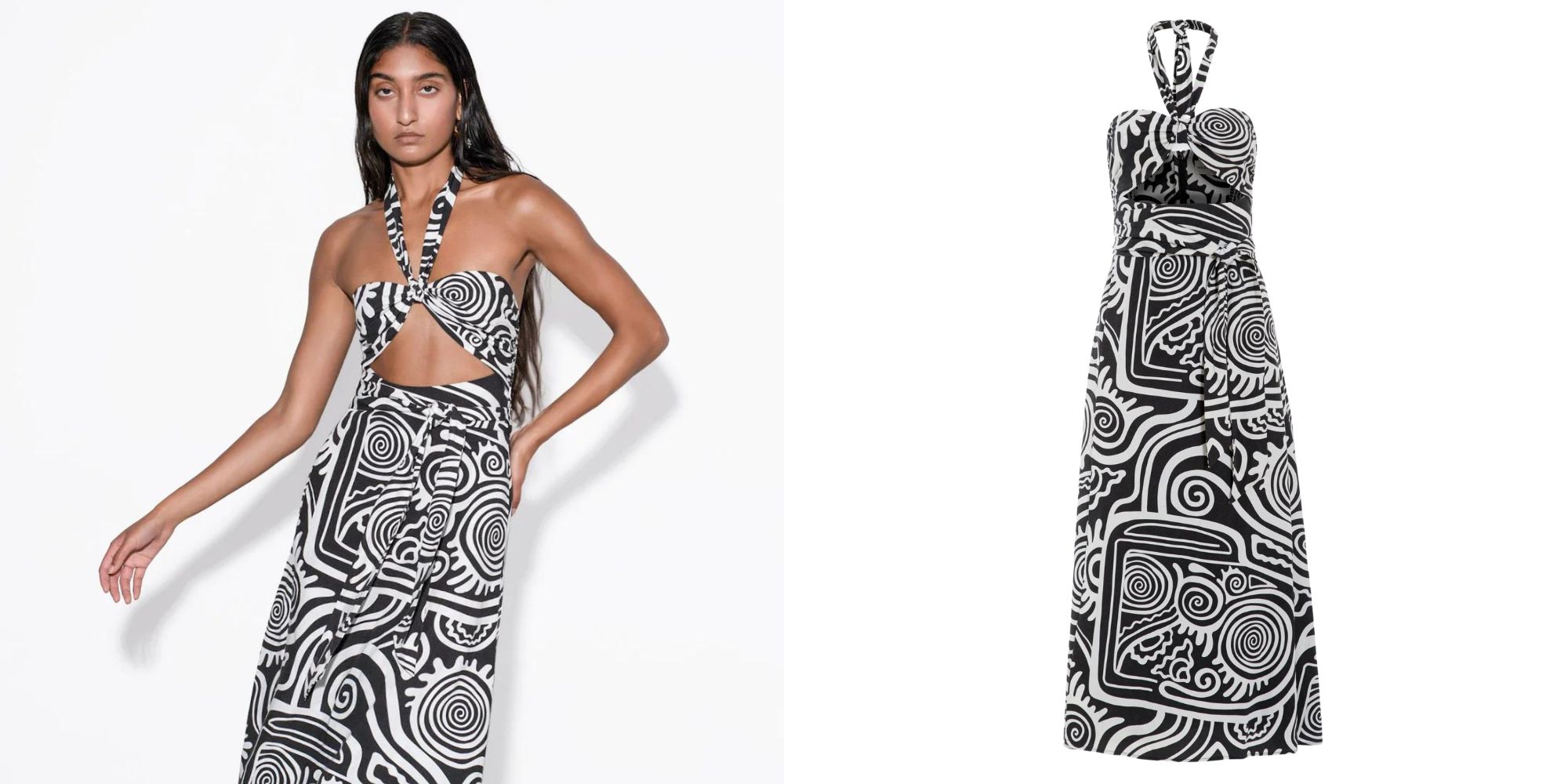 A black and white patterned halterneck TENCEL and linen dress by Mara Hoffman.