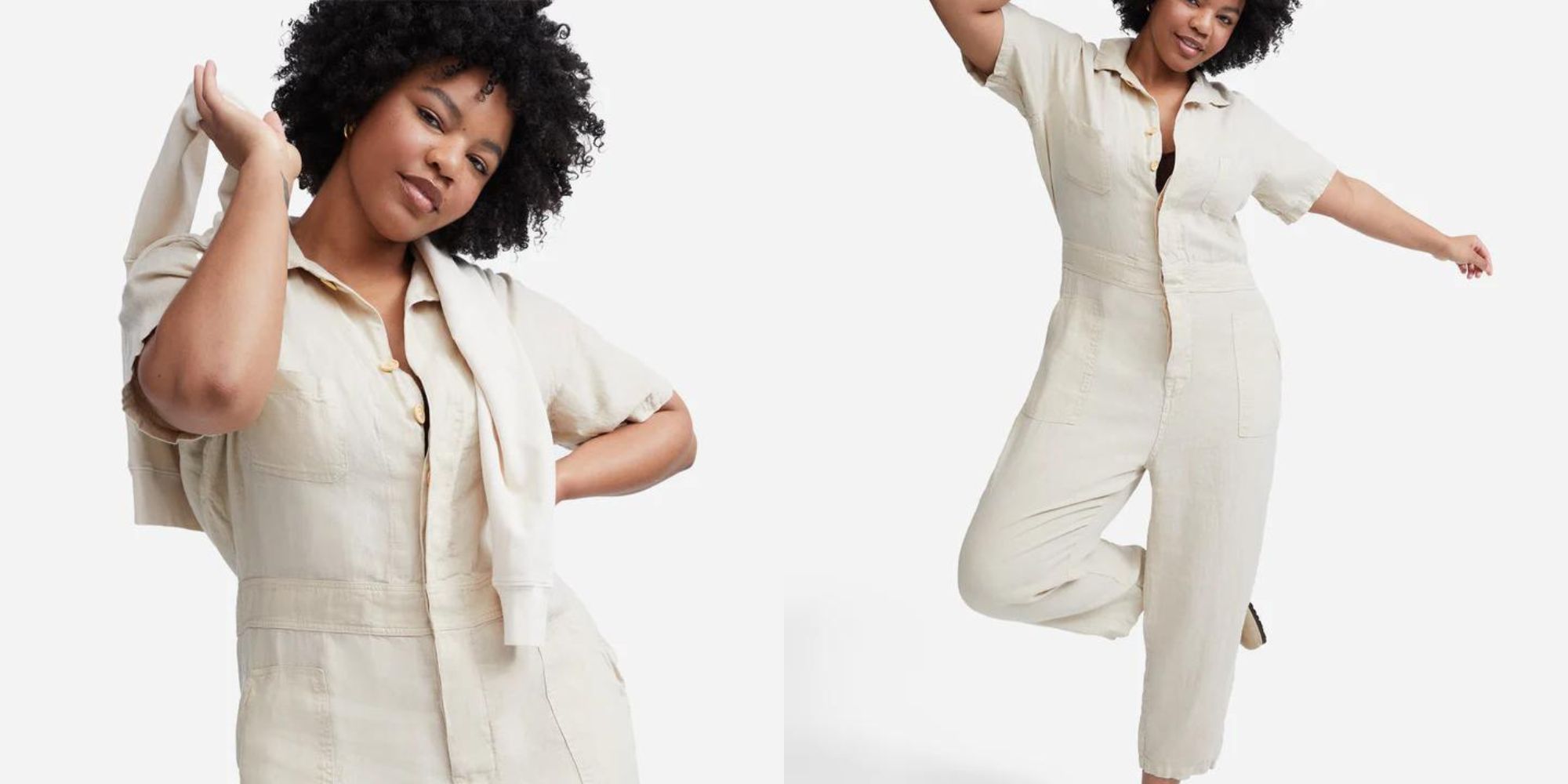 A natural linen short sleeve jumpsuit more sustainably made by MATE the Label.