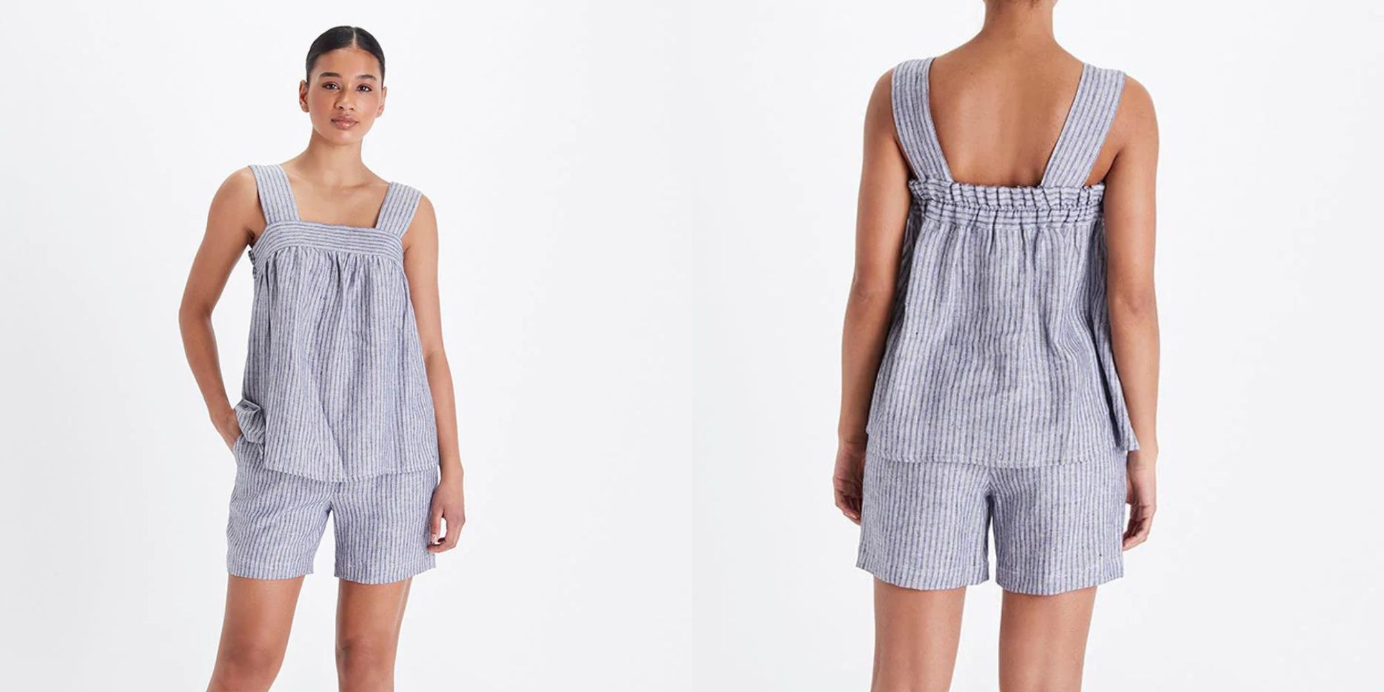 A matching set bra-friendly linen top and shorts in striped blue and white, made by Neu Nomads.