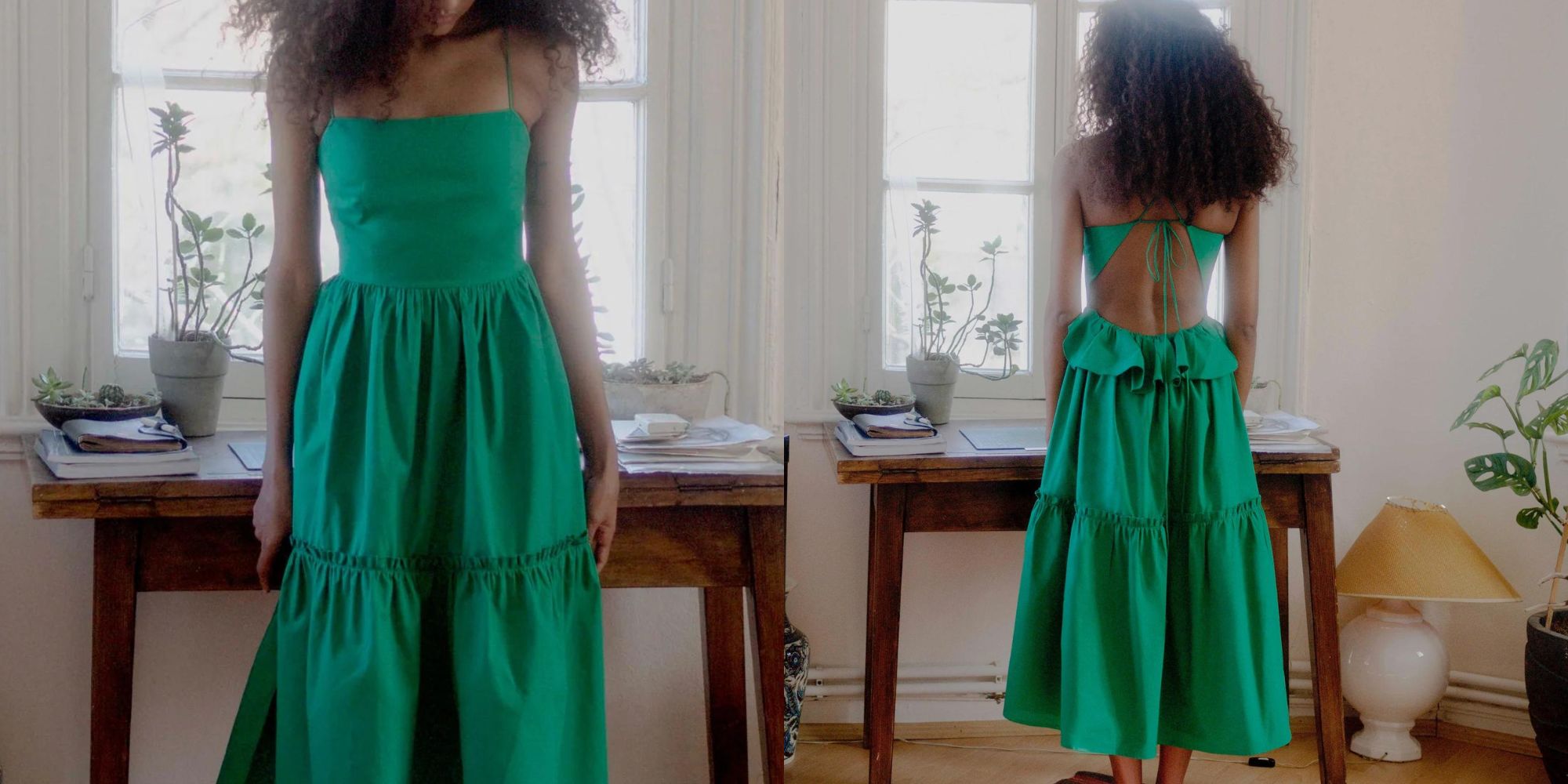 A linen emerald green tiered dress responsibly-made by Oh Seven Days.