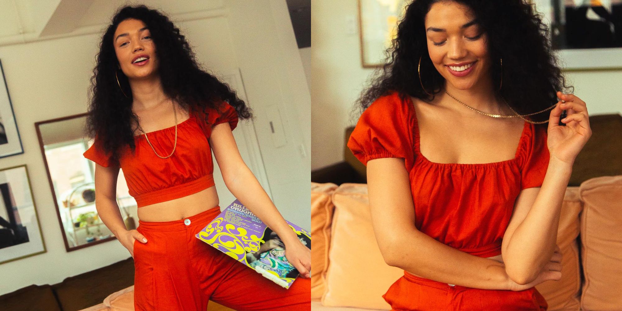 A red puff sleeve crop TENCEL and linen top by TAMGA Designs.