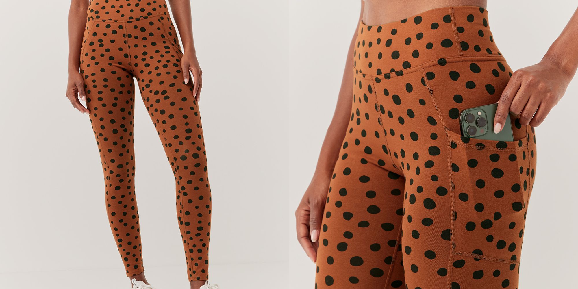 Orange and black polka dot pocket leggings responsibly made by PACT.