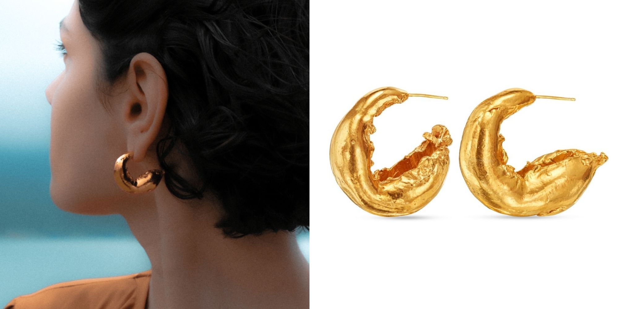 woman wearing gold and ecosilver prawn earrings by YU STEPANEL