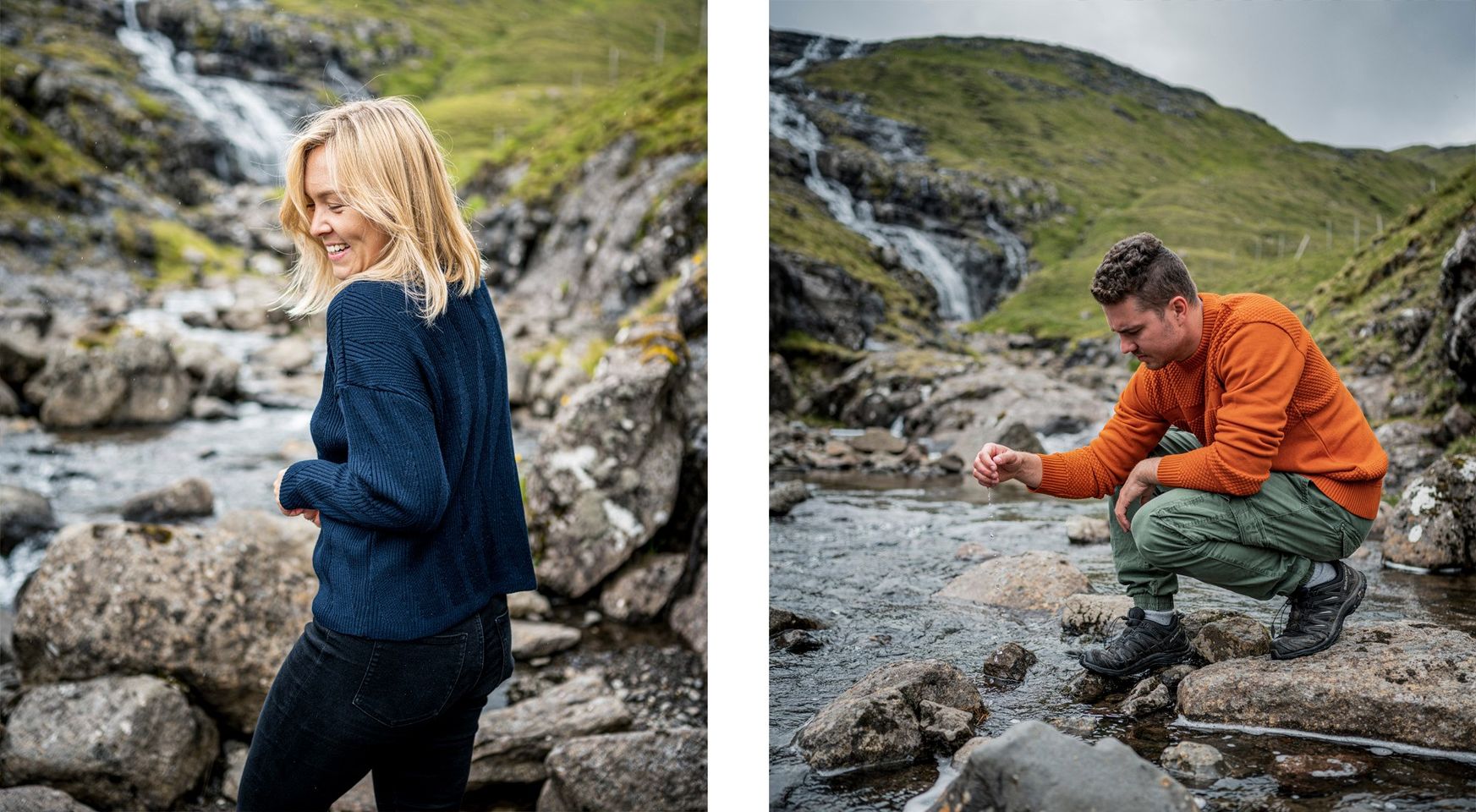 woman wearing blue sweater and man wearing orange sweater from sustainable brand Le Pirol