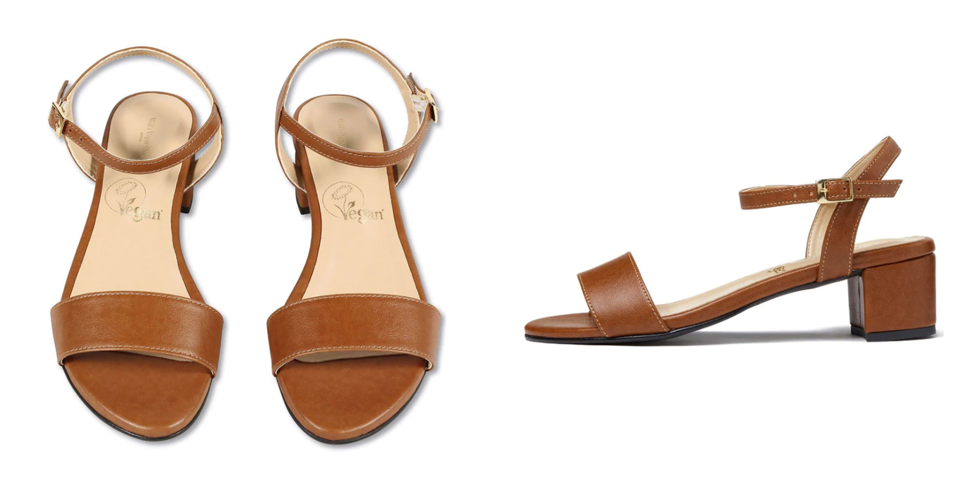 A pair of brown vegan leather sandals with a low heel by Will's Vegan Store.