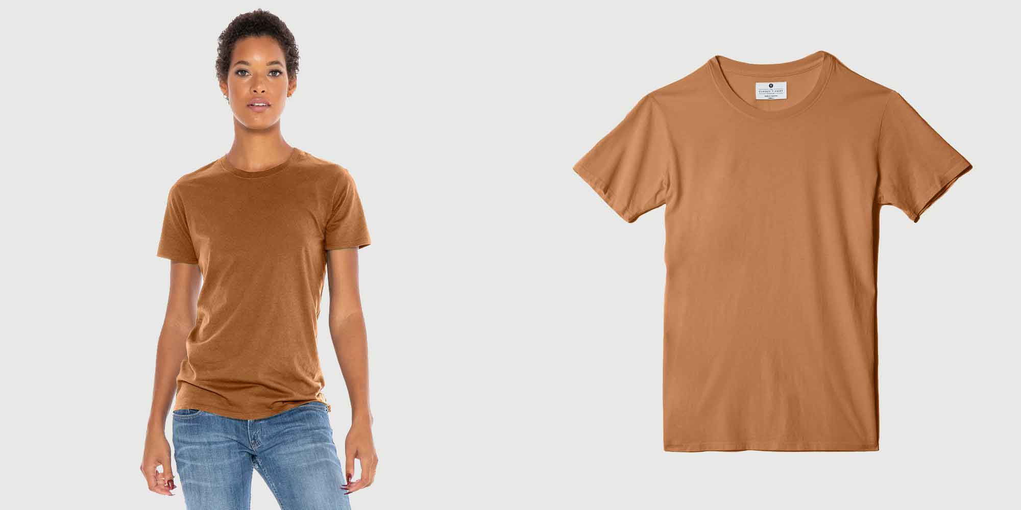 woman of colour wearing sustainable caramel crewneck tee by classic tshirt co