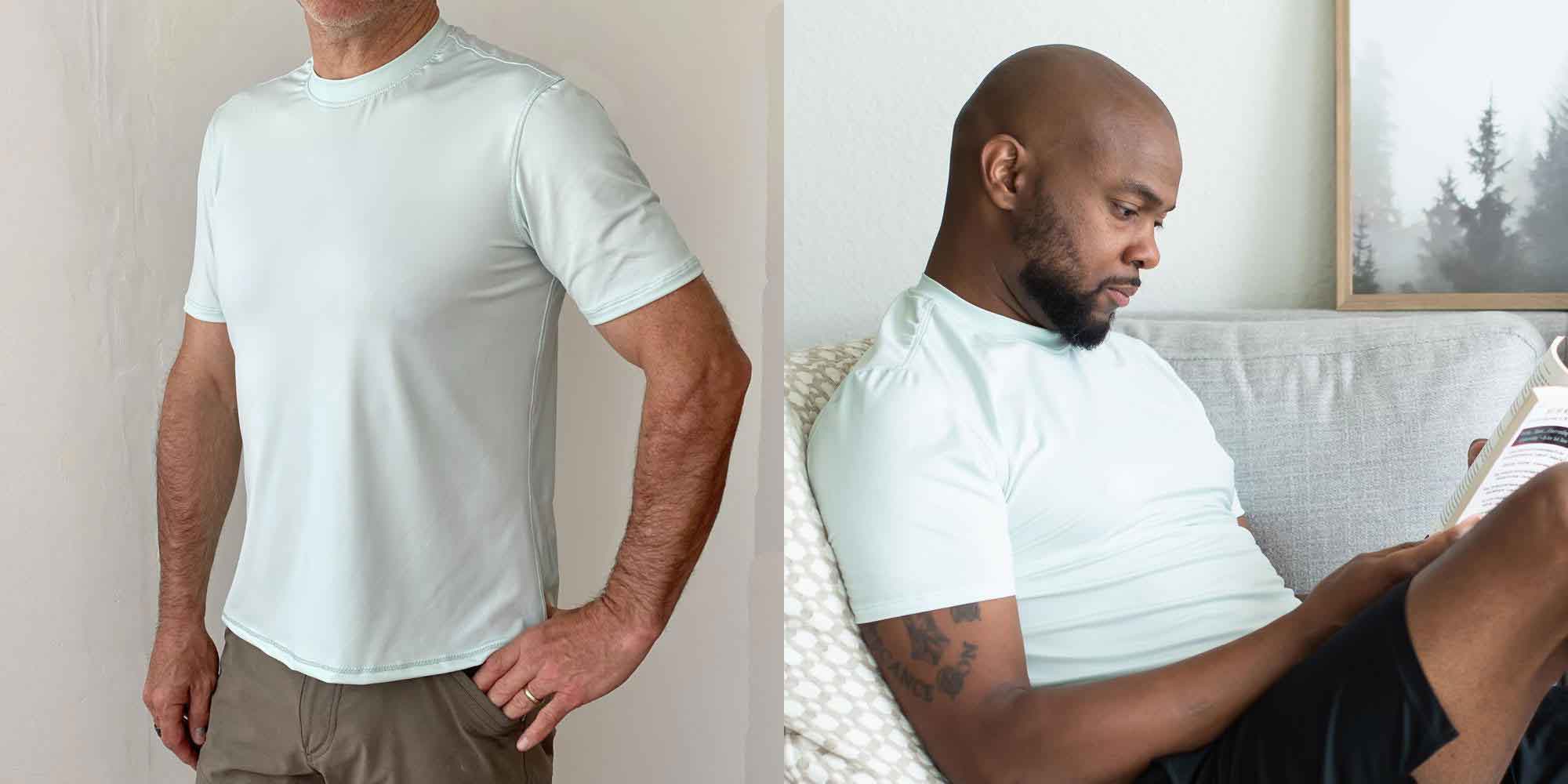 man wearing light green ethical t-shirt by eclipse