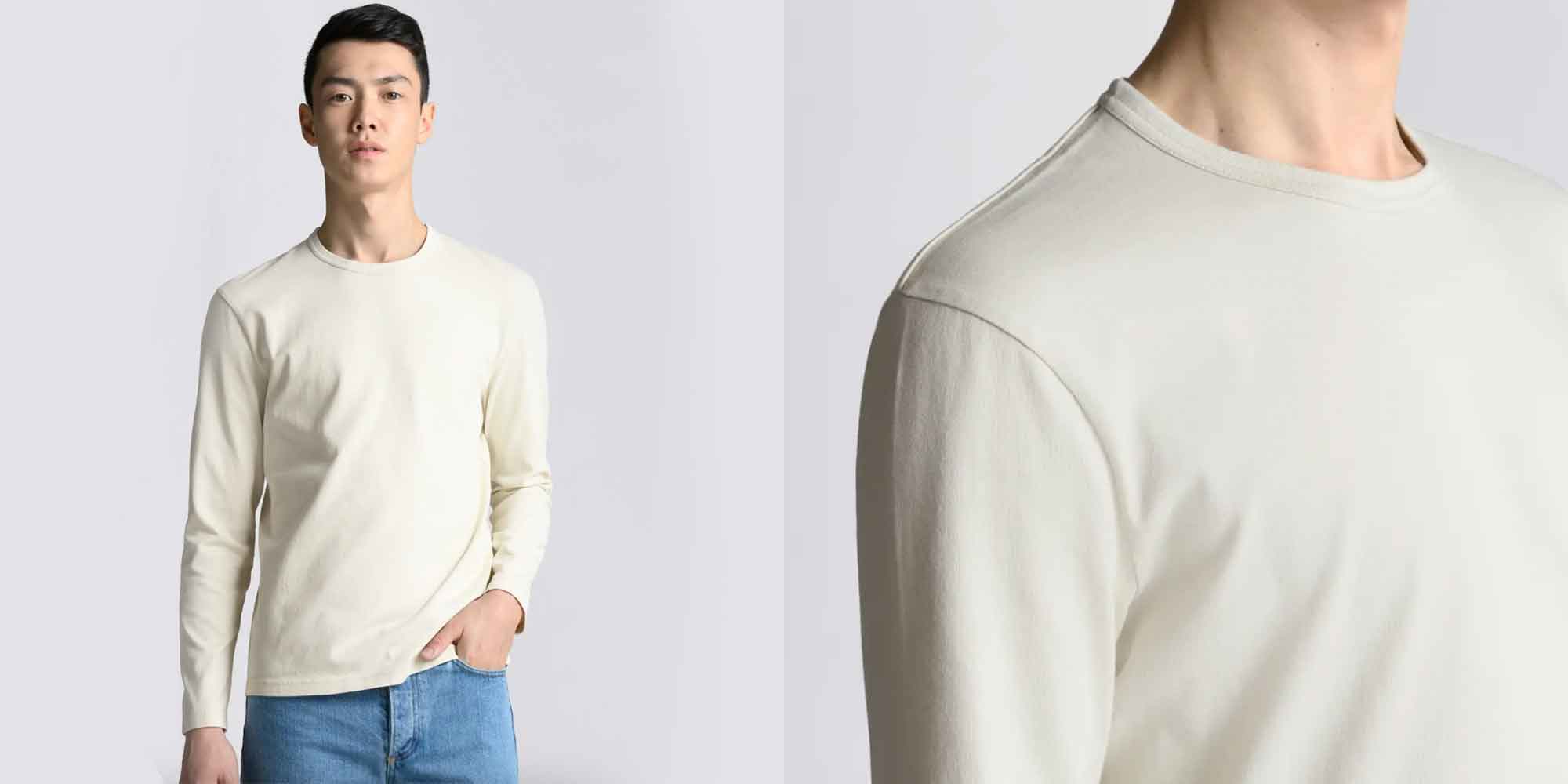 man wearing light ethical long sleeve t-shirt by asket