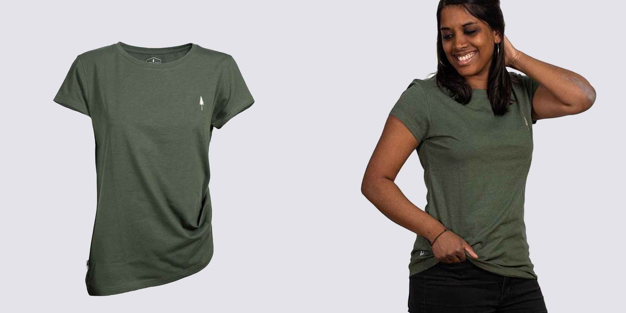 woman wearing dark green t-shirt by nikin