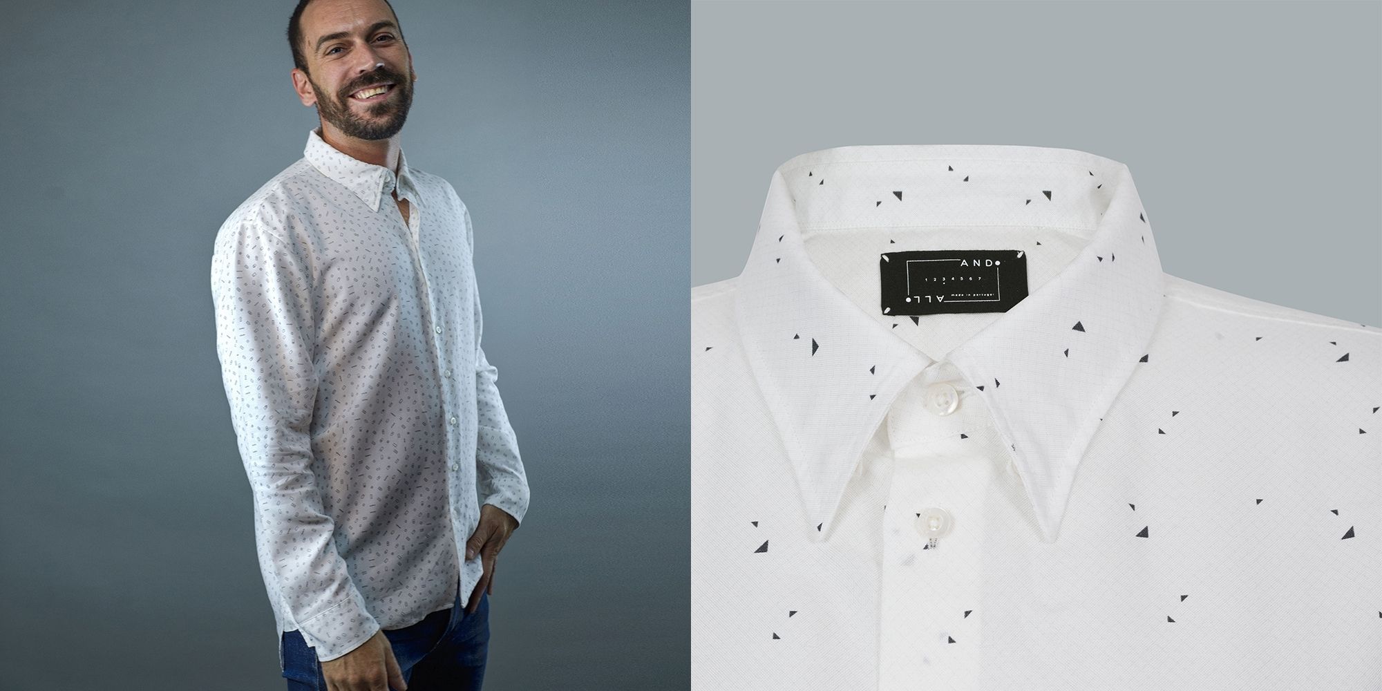 man wearing genderless oxford shirt ethically made by AndAll