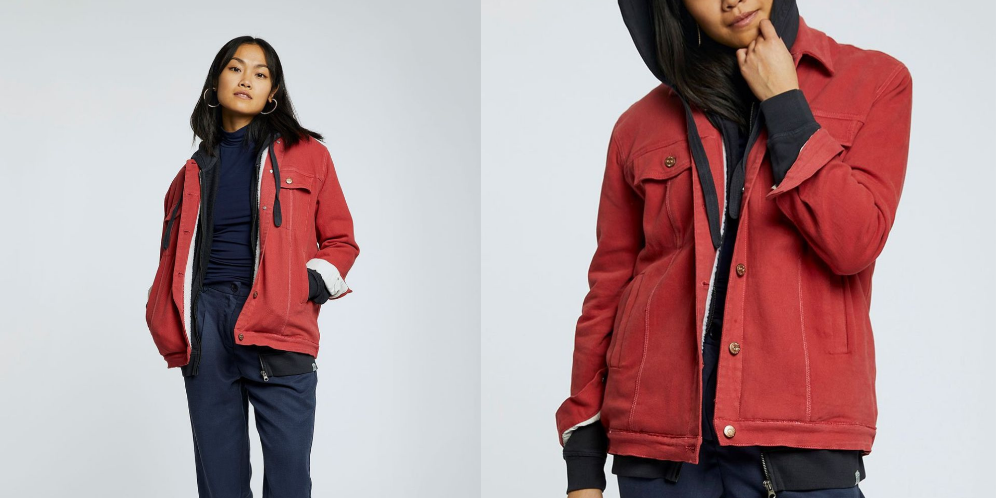 woman of colour wearing red sustainable jacket by Komodo for Staiy