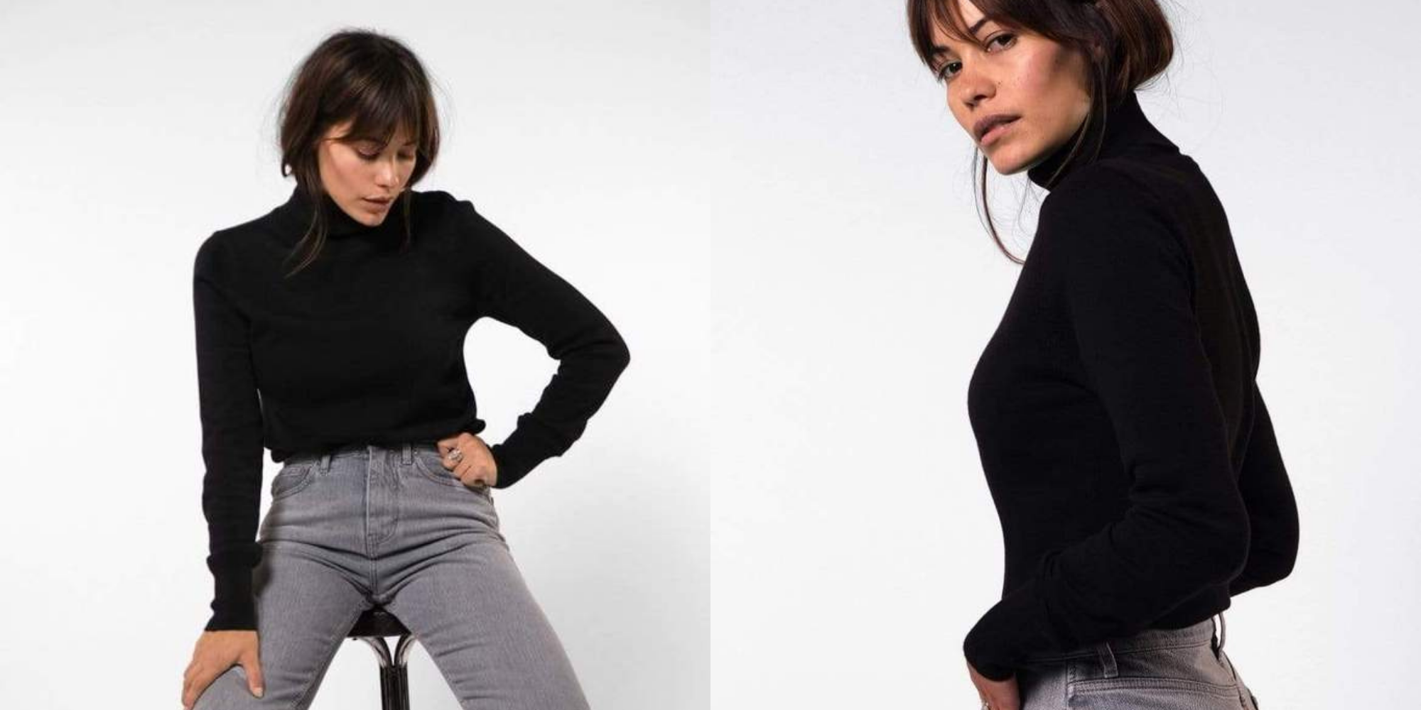 woman wearing black sustainable turtle neck by ethical brand Kuyichi for Staiy