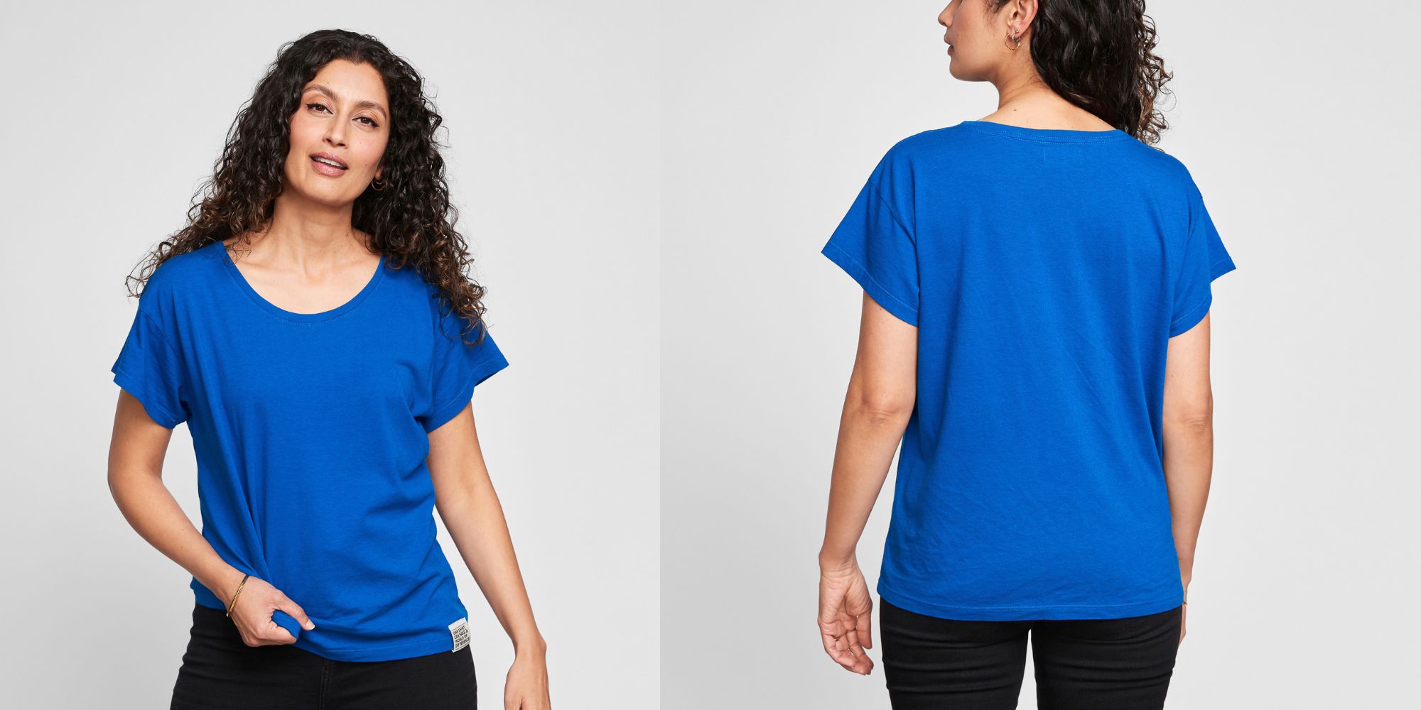 A royal blue scoop neck organic t-shirt by Alter X Company.