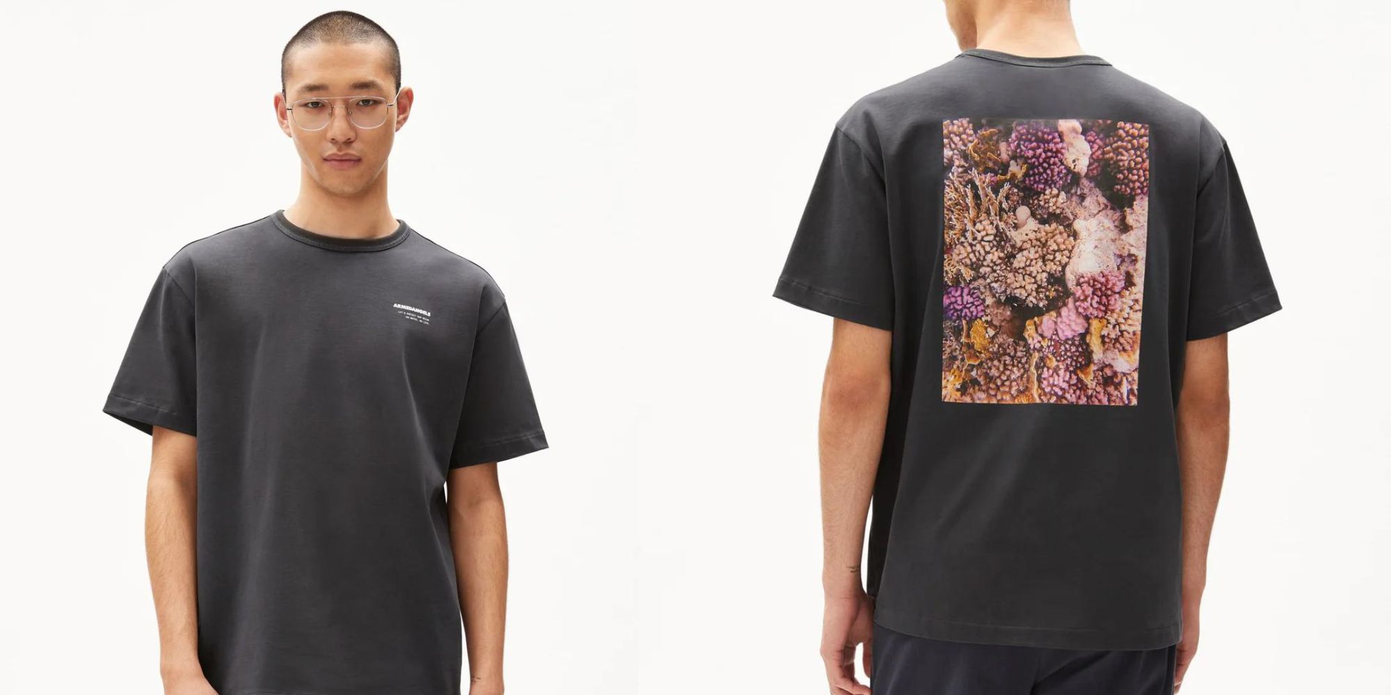 A classic grey menswear t-shirt by Armedangels with a coral graphic print square on the back.