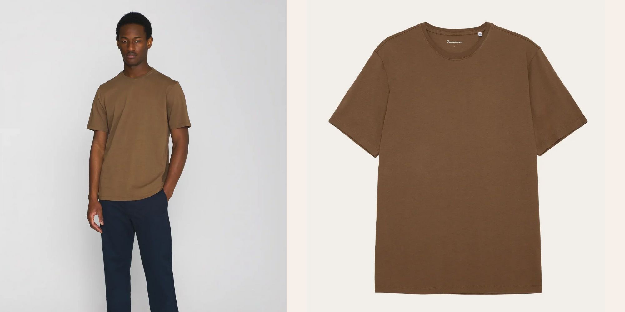 A basic brown t-shirt made from organic cotton by Knowledge Cotton Apparel.