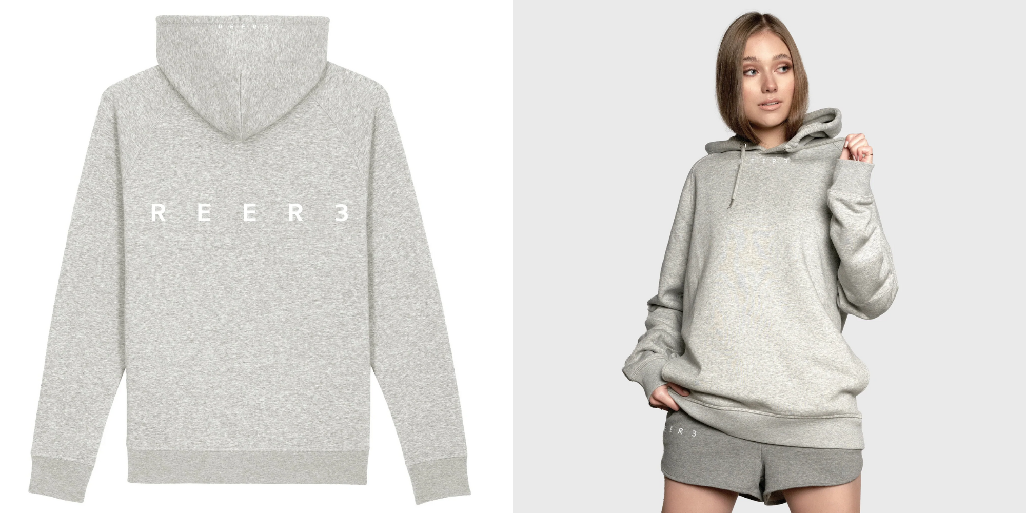 image of grey hoodie with white logo print and person in hoodie by reer3