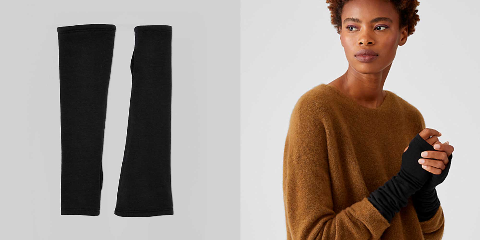 woman wearing black glovelettes by eileen fisher