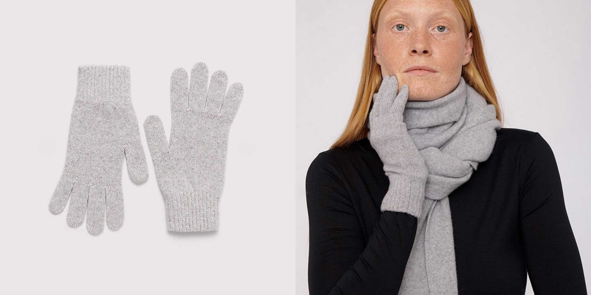 woman wearing light grey gloves by organic basics