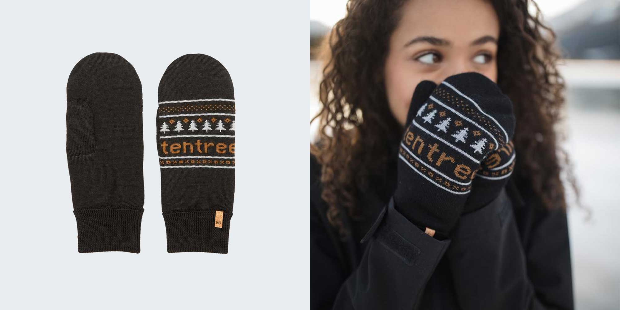 woman wearing dark sustainable tentree gloves