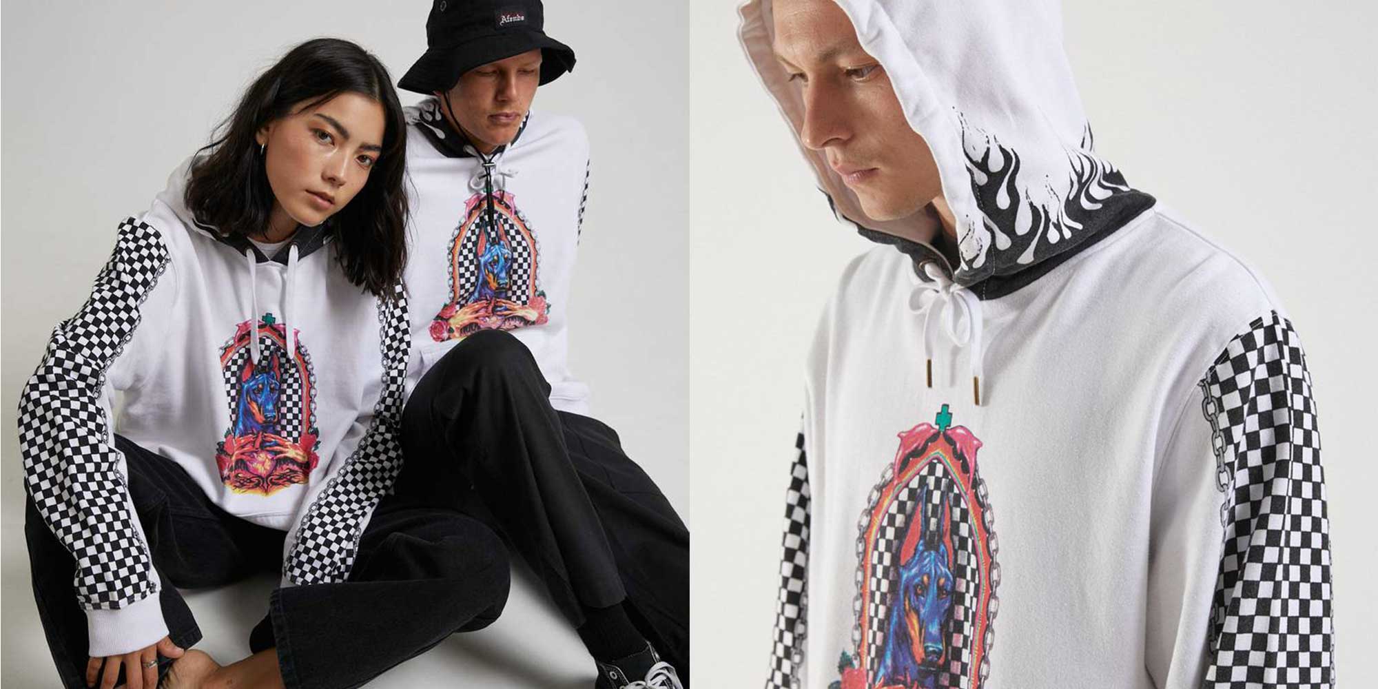 couple wearing white design hoodie by afends