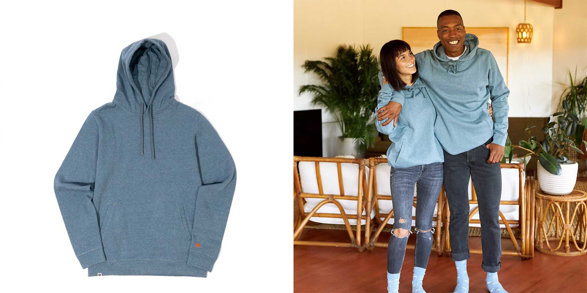 couple wearing blue sustainable hoodie by conscious step