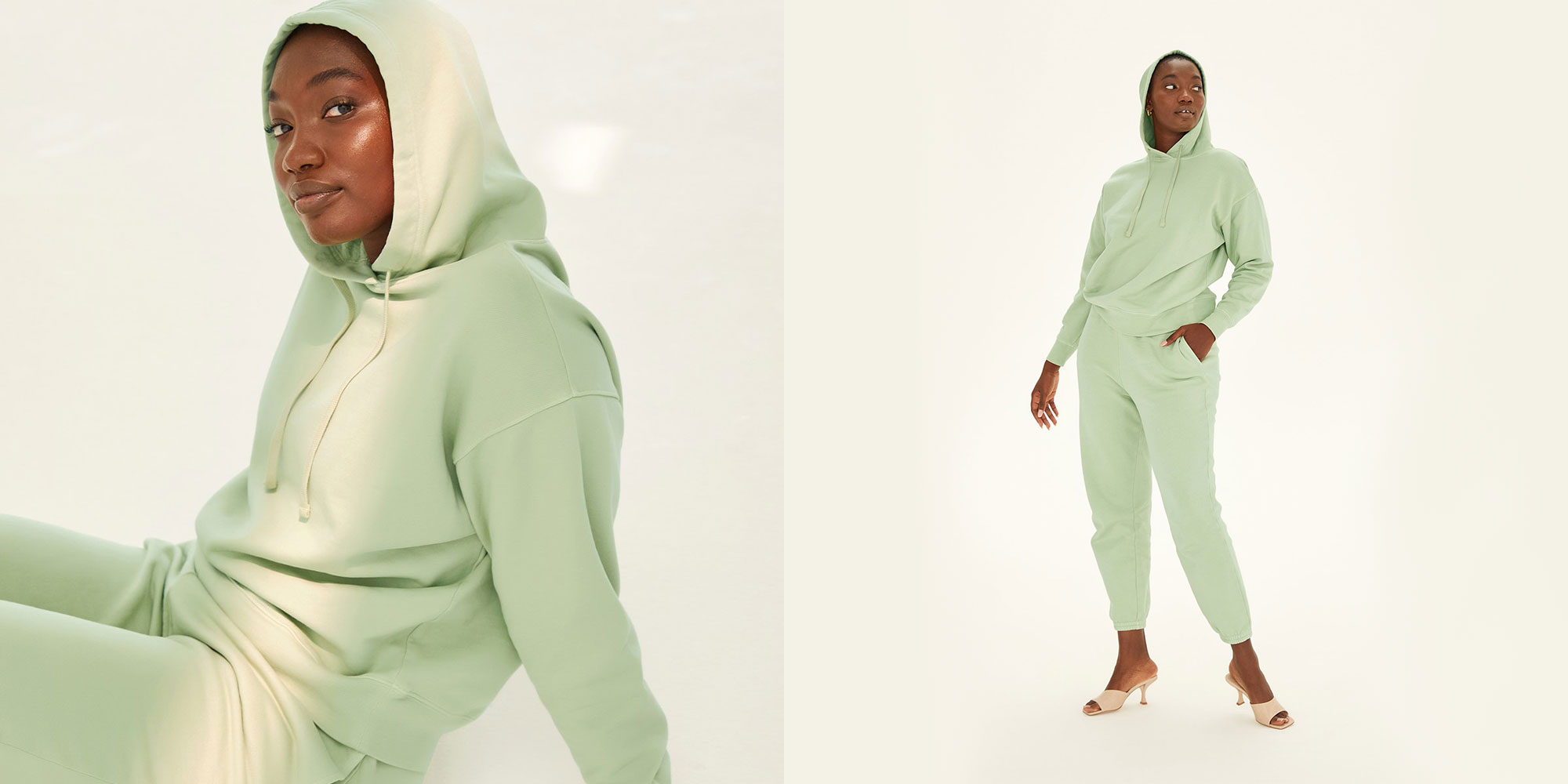 woman wearing light green hoodie by girlfriend collective